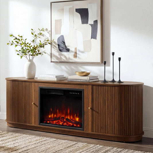 KISLOT 70'' Fluted Fireplace TV Stand for TVs Up to 80",Sliding Tambour Doors,Modern Entertainment Center with 23" Electric Fireplace, Power Outlet & Cable Management, Media Console for Living Room