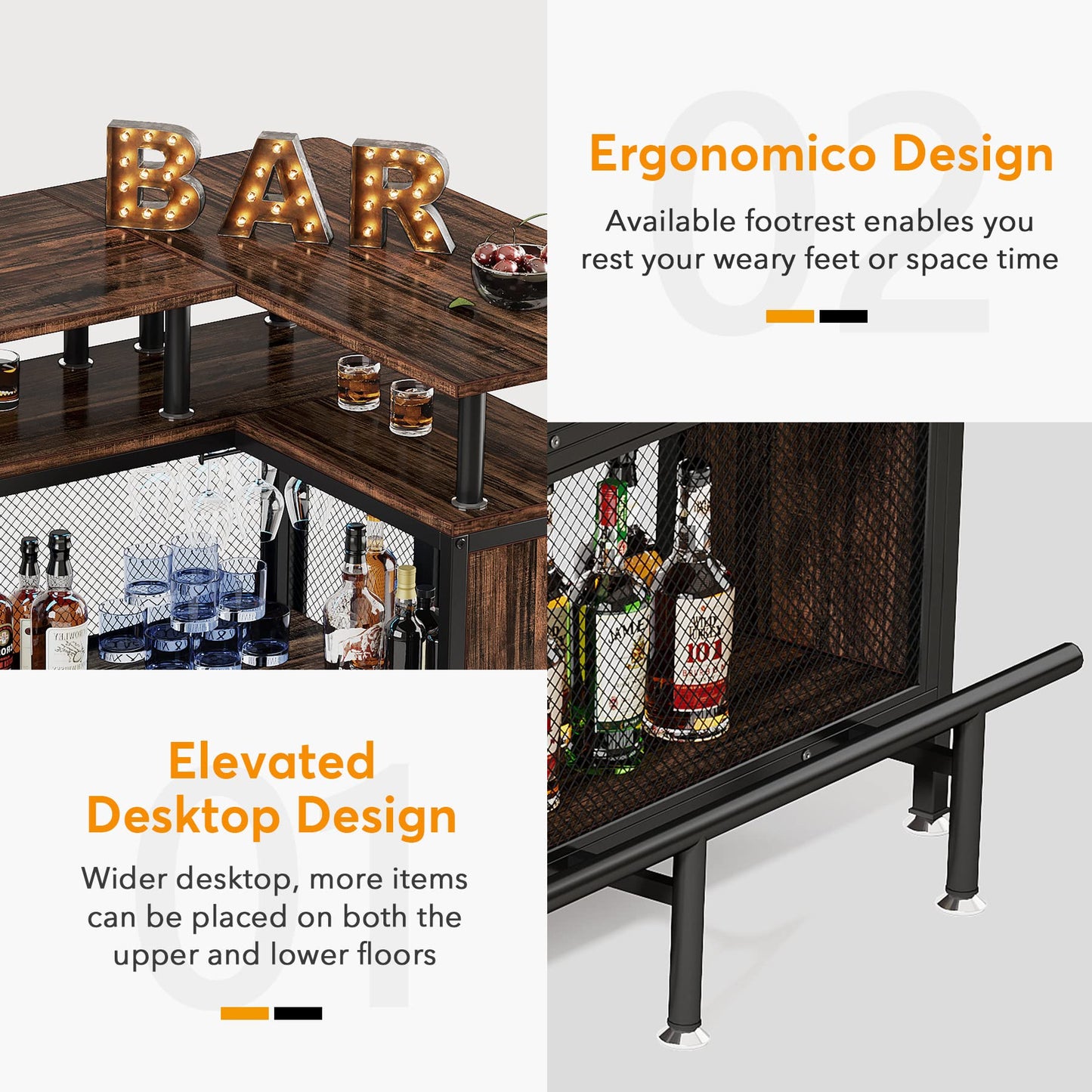 Tribesigns Home Bar Unit, L-Shaped Bar Table with Stemware Racks and 2-Tier Shelves, Corner Mini Coffee Liquor Cabinet with Footrest for Home/Kitchen/Pub, Rustic Brown