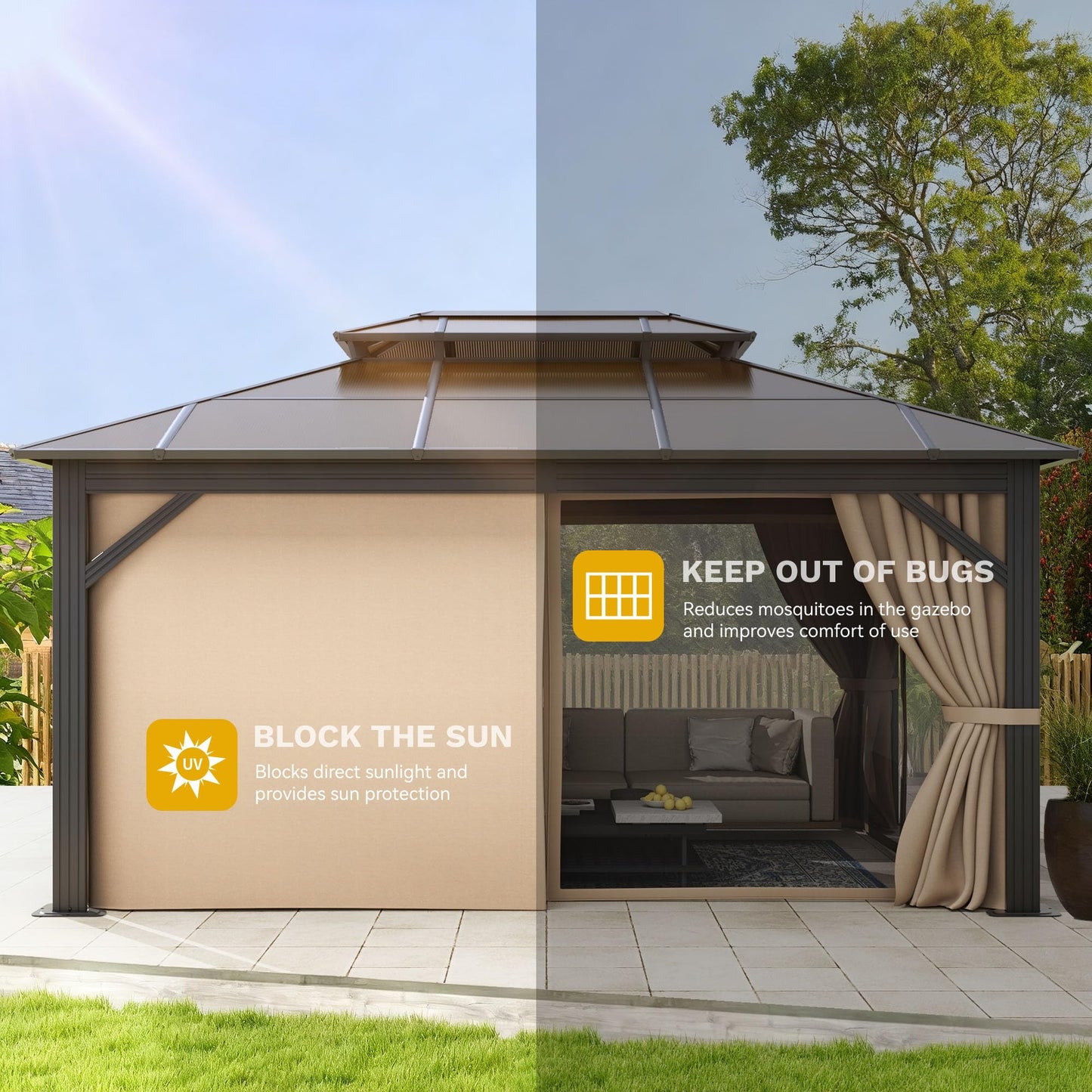 DWVO 10x12ft Hardtop Gazebo Double Roof Polycarbonate Canopy Outdoor with Netting and Shaded Curtains, Metal Frame Garden Tent for Patio, Backyard, Deck and Lawns, Brown