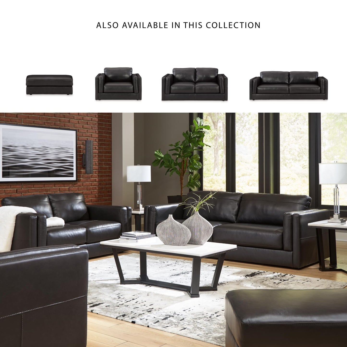 Signature Design by Ashley Amiata Modern Leather Match Sofa with Non-skid Legs, Black