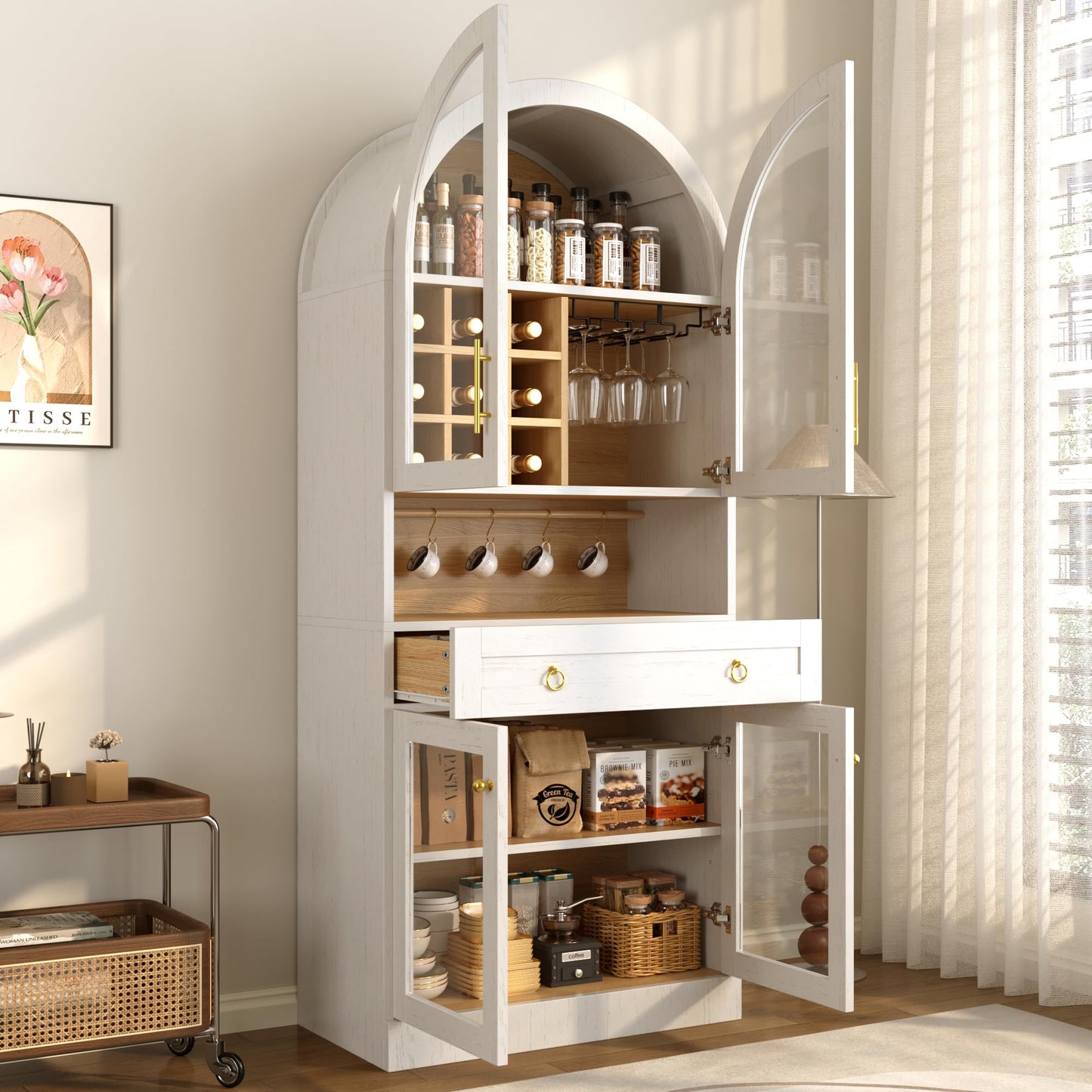 Merax 70" Tall Arched Farmhouse Pantry Cabinet with Glass Doors, White