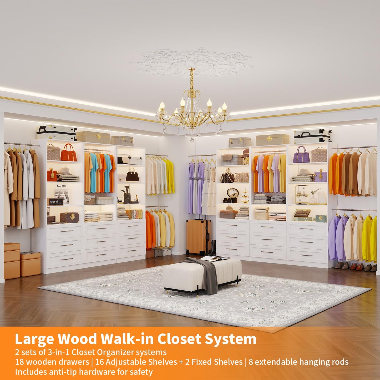 Closet System with 3 Sets, 6–15 FT Closet System with 9 Drawers, 9 Shelves & 4 Adjustable Hanging Rods, Max 189.3" Closet Organizer Systems for Walk-in Closets, Modular Custom Closet Tower, White