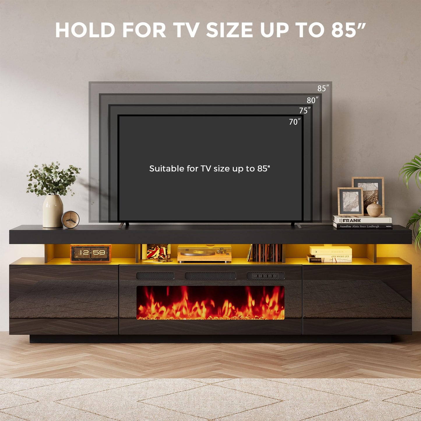 70" Floating Fireplace TV Stand with 36" Crystal Electric Fireplace, LED Entertainment Center for TVs up to 80", Modern Media Console with Mirrored Storage Cabinets for Living Room, Black TV Console