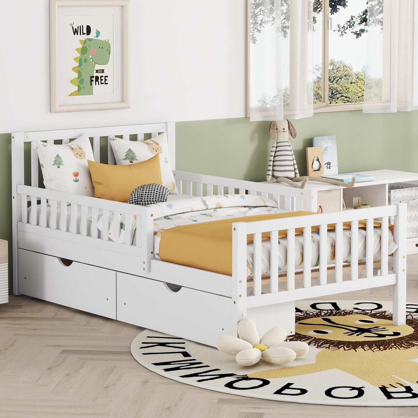 Merax Twin Size Platform Bed with 2 Storage Drawers and Both Sides Guardrails, Wood Bed Frame for Bedroom, Guest Room, No Box Spring Needed, White