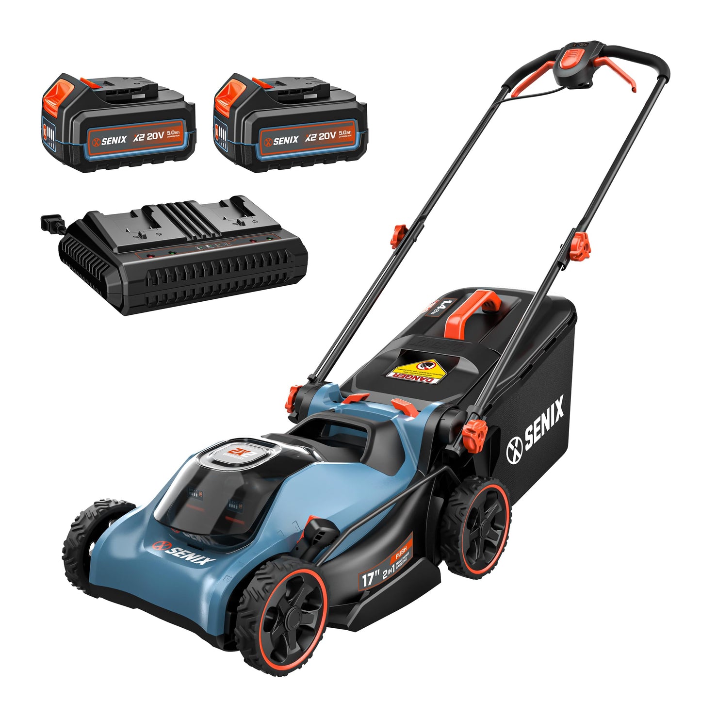 SENIX 40V 17" Electric Lawn Mower, Battery Powered Cordless Lawnmower, 2-in-1 Brushless Walk-Behind Push Mowers, 6 Heights Adjustment, cortadora de pasto, Includes 2x5Ah Batteries & Charger, LPPX2-M5