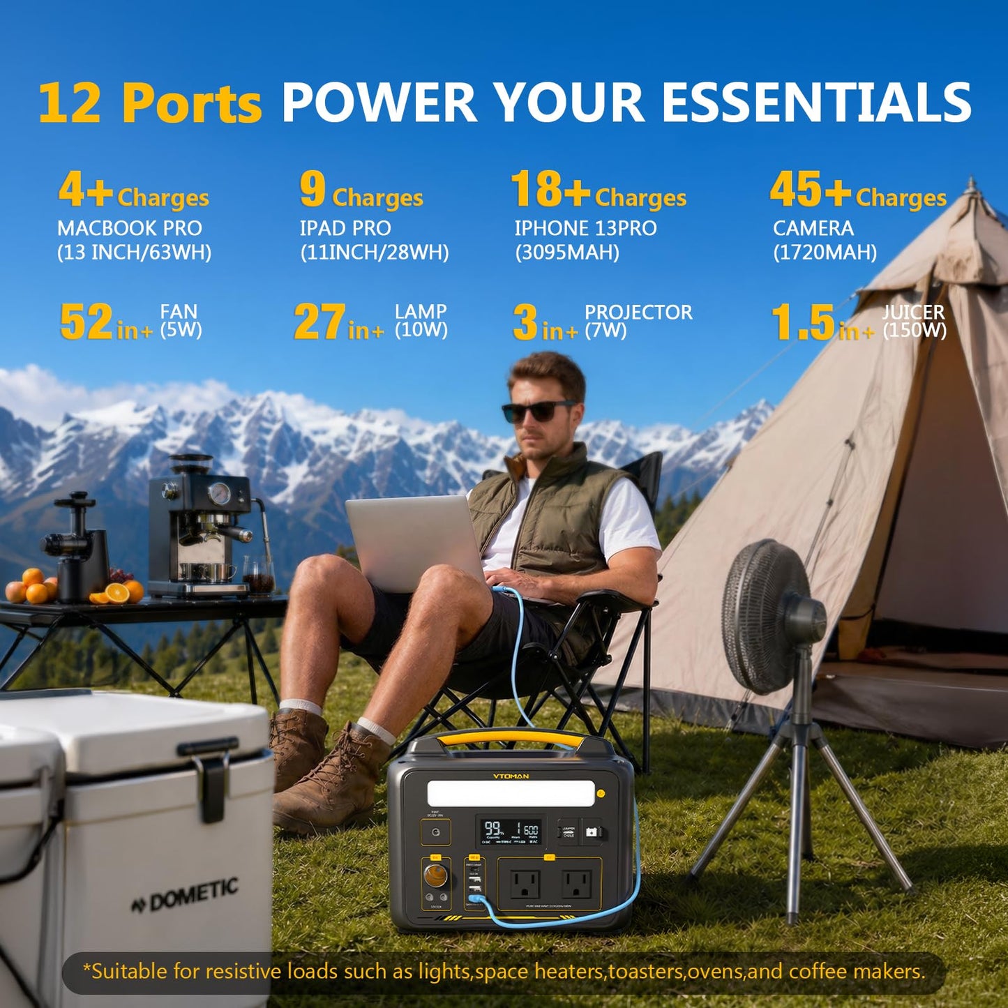 VTOMAN Jump 600X Portable Power Station 600W, 299Wh Solar Generator LiFePO4 Battery Power Station with Jump Start for Car, 1200W AC Outlet, PD 60W USB-C, 3x Regulated 12V/10A DC for Camping, RV Travel
