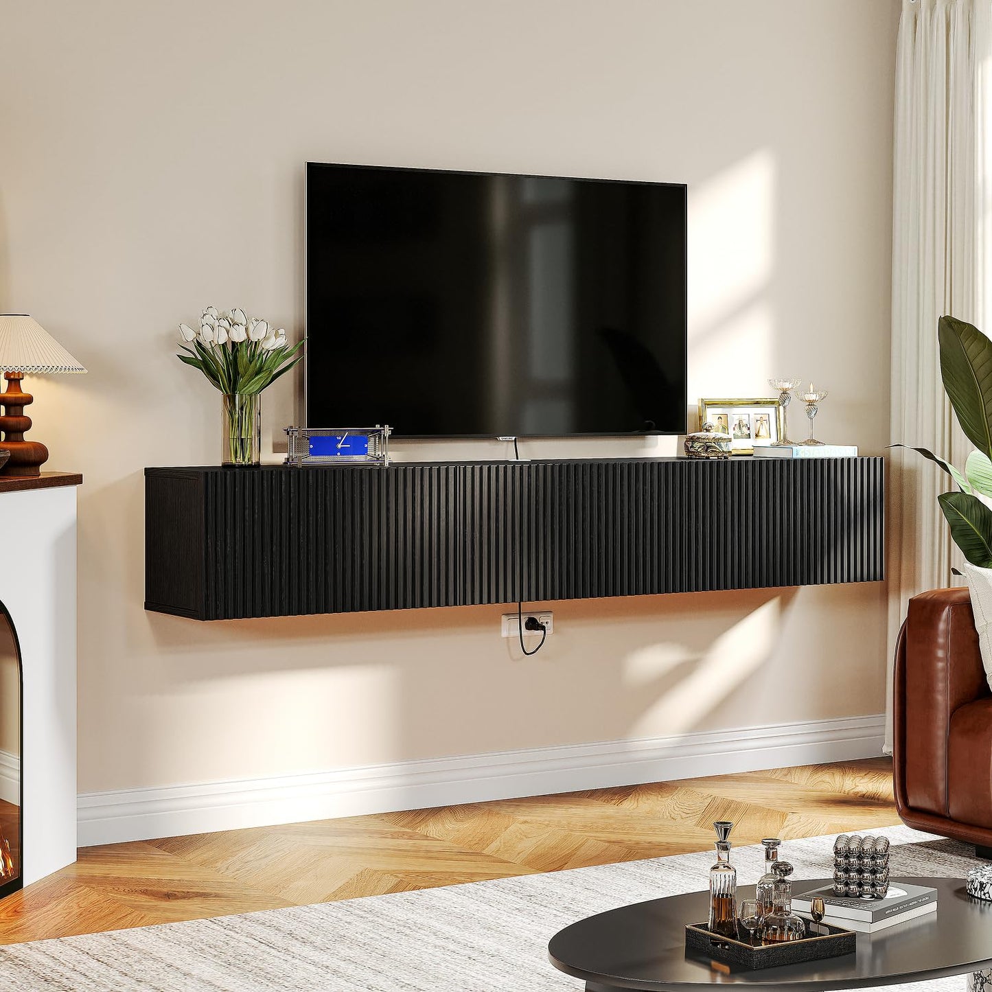 FloatiCasa Floating TV Stand with 3 Doors,55IN Wall Mounted TV Cabinet,Slatted Floating Media Console Entertainment Center with Storage,Under TV Shelf for Bedroom Living Room,Black