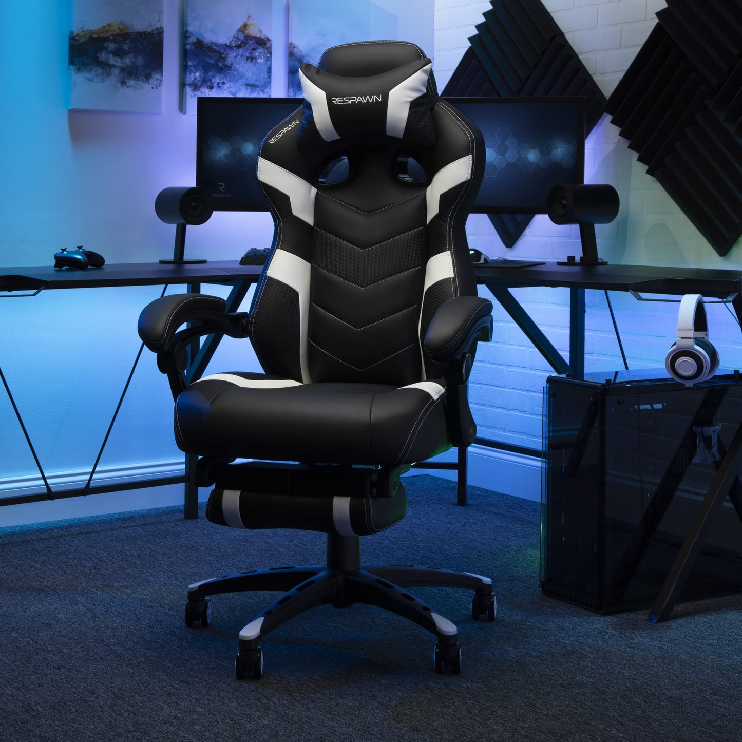 Respawn 110 Pro Ergonomic Gaming Chair with Footrest for Adults - Comfortable Office Gaming Recliner with Lumbar Support and Headrest, Racing Style Video Game Chairs for Computer Gamer - White