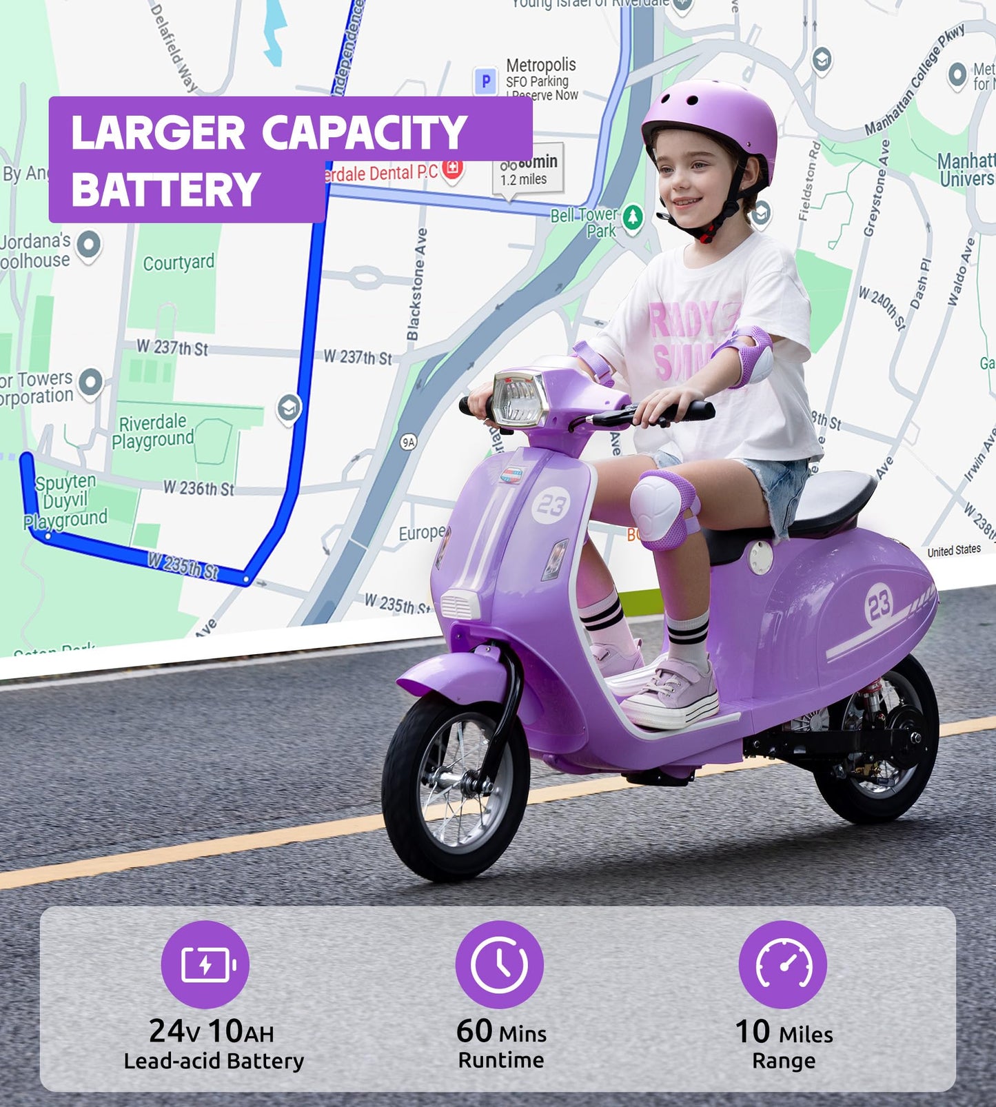 24V Kids Motorcycle, Electric Motorcycle Bike for Kids with 350W Motor, 3 Speed, 14.3MPH, Electric Scooter Moped w/Music, Story, LED Lights, 143lbs Max Load, Ride On Toy for Ages 8+, Purple