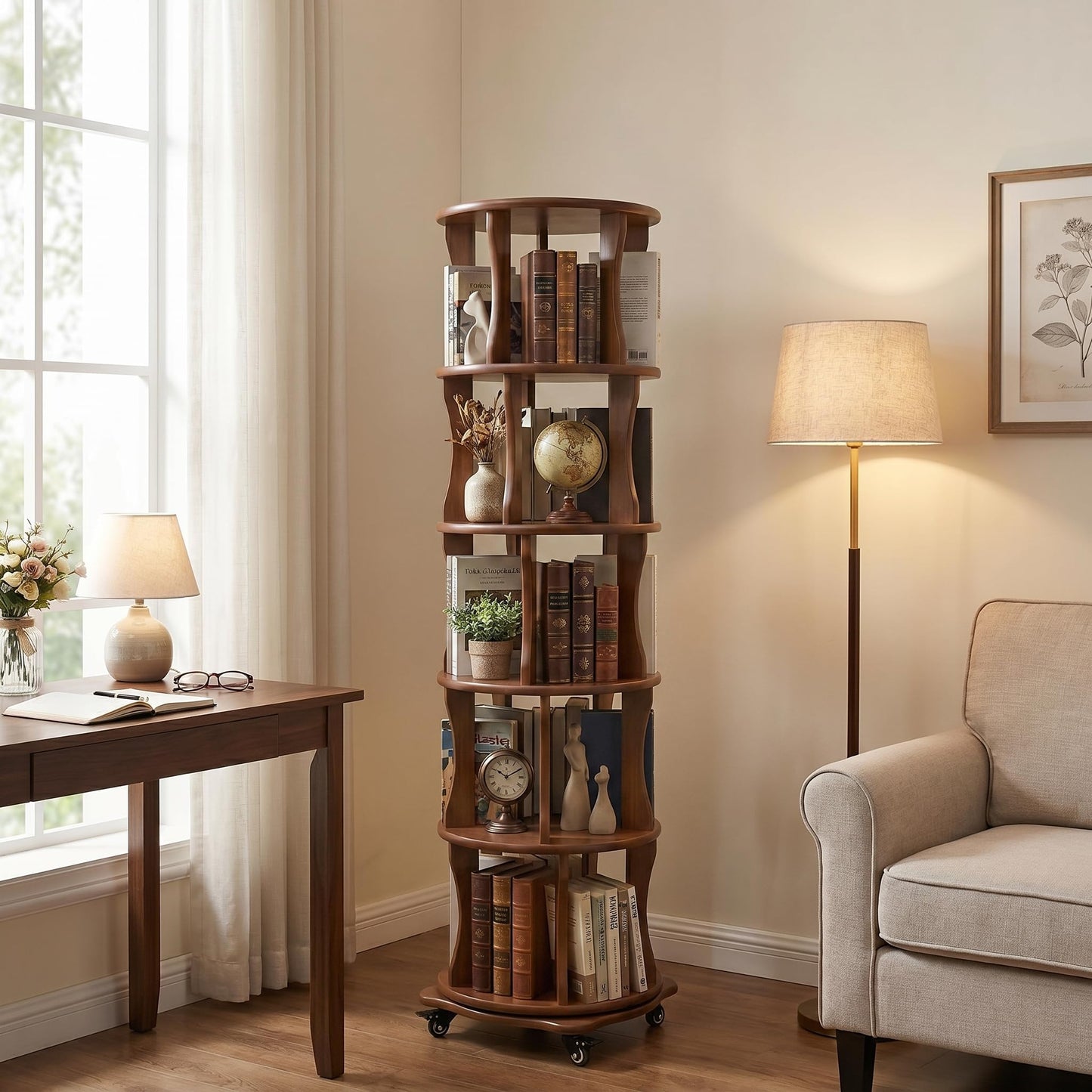 5 Tier Solid Wood Rotating Bookshelf with Wheels, Round Revolving Bookcase Organizer, 360° Spinning Storage Shelf for Corner, Small Narrow Spaces, Home, Office, BedRoom,Living Room,Study Room