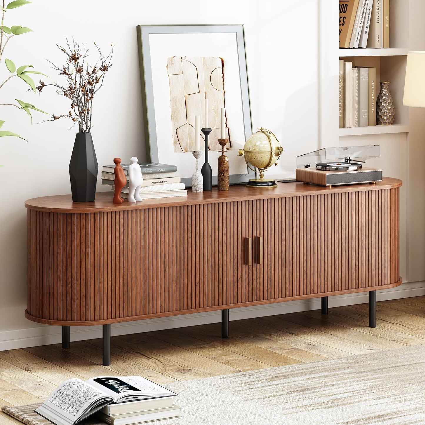 63" Fluted TV Stand with Power Outlet, Modern Media Console with Sliding Doors, Entertainment Center for TVs up to 60 Inch, Adjustable Shelves, Walnut