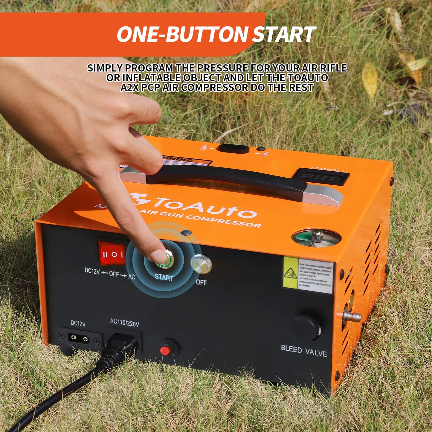 TOAUTO A2X Upgraded PCP Air Compressor, One Button Start, Auto-Stop, Portable 4500Psi/30Mpa, Oil/Water-Free, HPA Compressor for Paintball/PCP Air Rifle/Scuba Tank,Powered by Home 110VAC or Car 12VDC