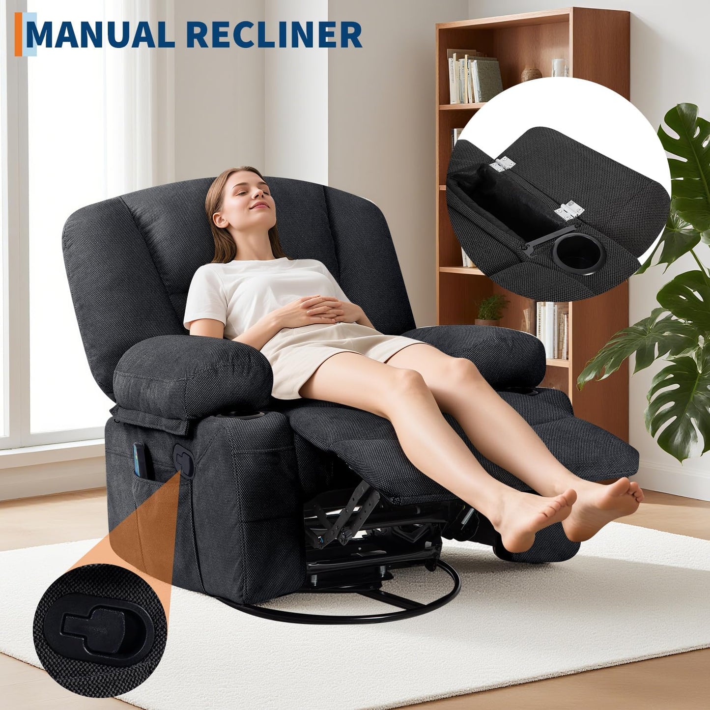 Oversized Wide Recliner Chair with Vibration Massage and Heat, 360° Swivel Recliner Glider for Adults,Chenille Fabric Manual Reclining Single Sofa with Cup Holders & Side Pockets for Living Room,Black