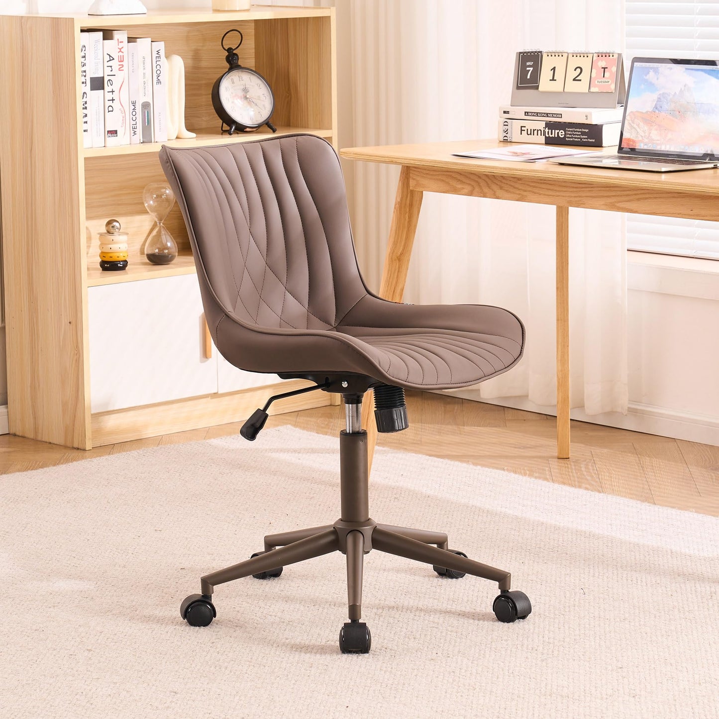 YOUTASTE All Cream Office Chair, Modern Armless Desk Chair with Back, Adjustable Swivel Rolling Faux Leather Task Chair with Wheels Metal Base for Home Office, Study, or Vanity