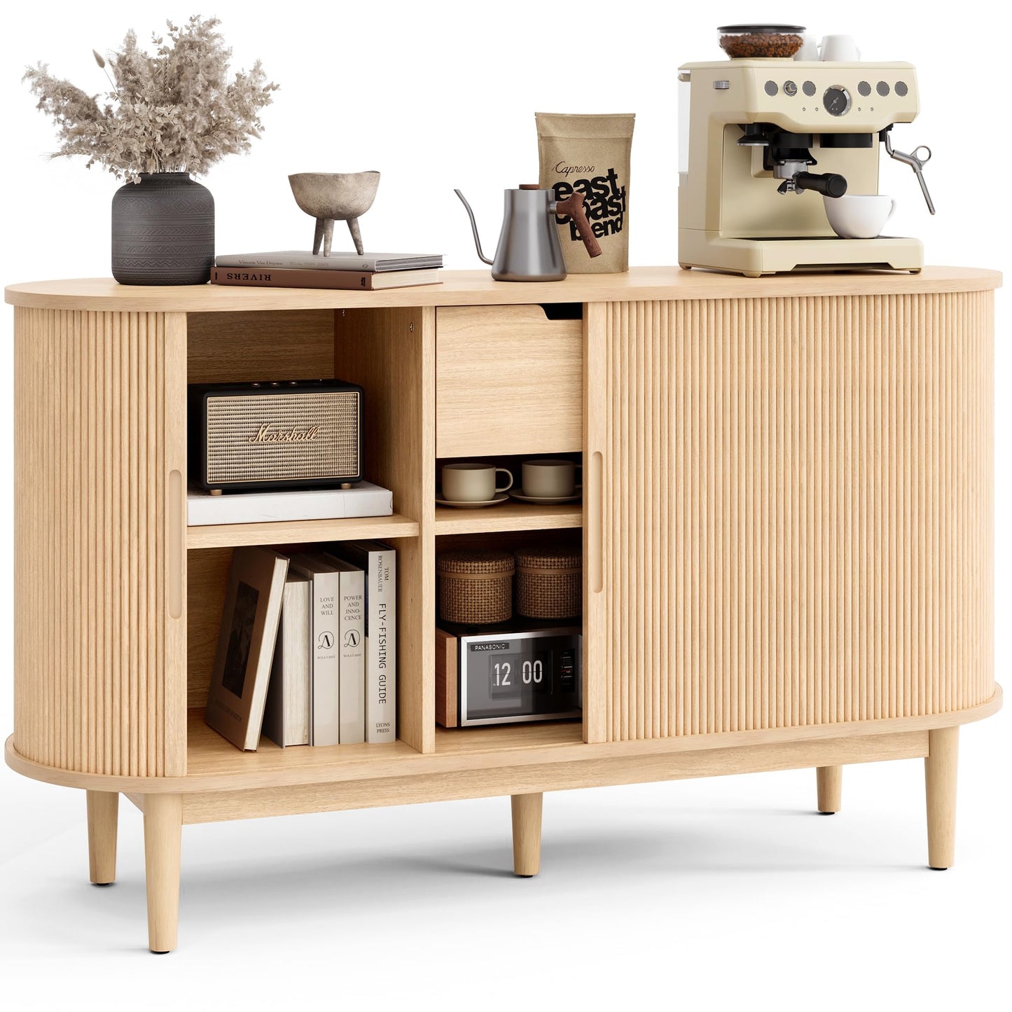 LINSY HOME Sideboard Buffet Cabinet with Storage, 55" Fluted Coffee Bar Cabinet with Tambour Sliding Doors and Drawer, Mid Century Modern Wood Storage Buffet Table for Kitchen, Living Room, Oak