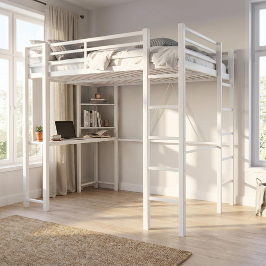 SUNLEI Loft Bed Full Size with Desk and Storage, Metal Full Size Loft Bed Frame with Dual Ladders, Safety Guard Rail, Space Saving Bed with Study Desk for Small Room, Teens Adults, Snowy White