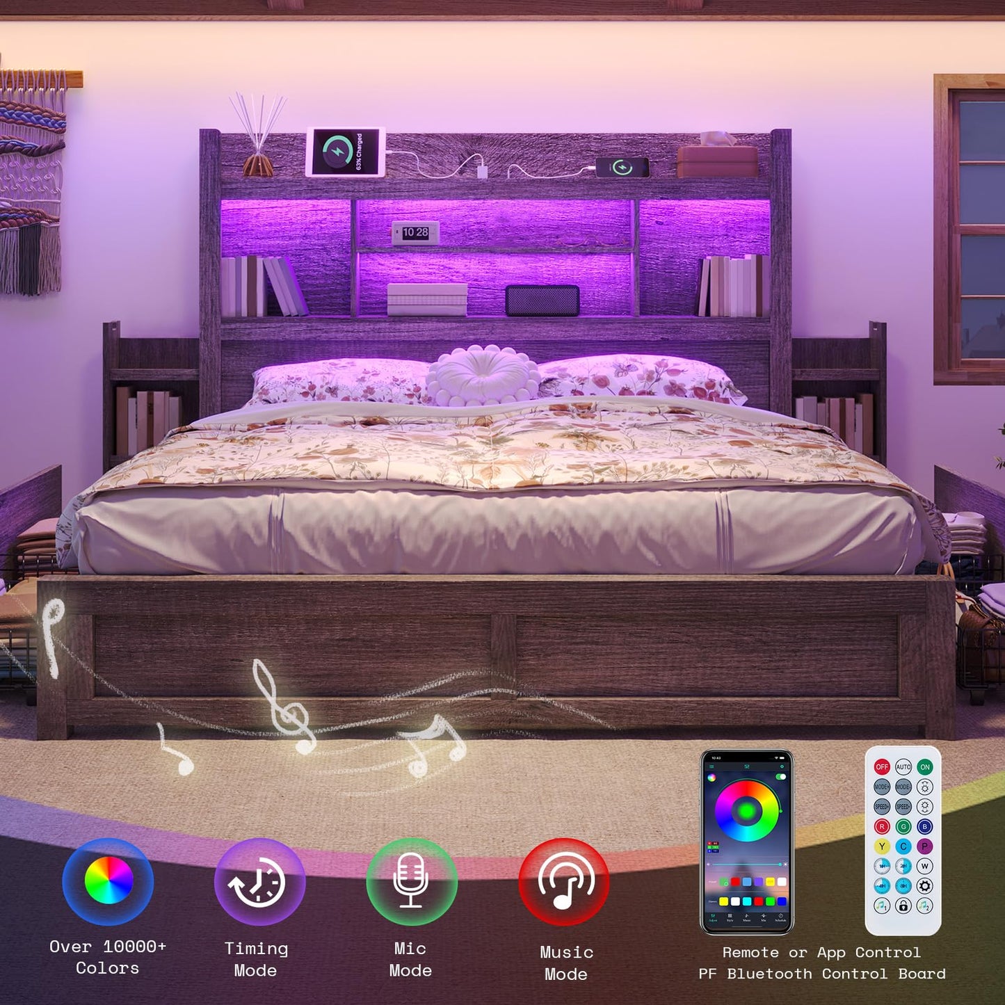 LUXOAK King Bed Frame with 49.6" Bookcase Headboard & 2 Bedside Stoage Racks & 4 Drawers, Farmhouse Wood Bed Frame with RGB LED & Charging Station, No Box Spring Needed, Grey