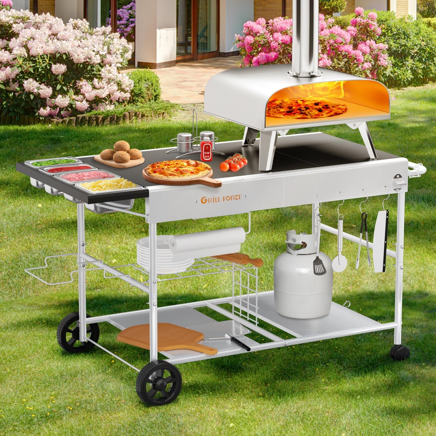 GRILL FORCE 50"x 25" Pizza Oven Table,Outdoor Pizza Cart with Topping Station Grill Table Stand with Wheels for Ninja, Blackstone Griddle, Ooni, Gozney, Cuisinart.