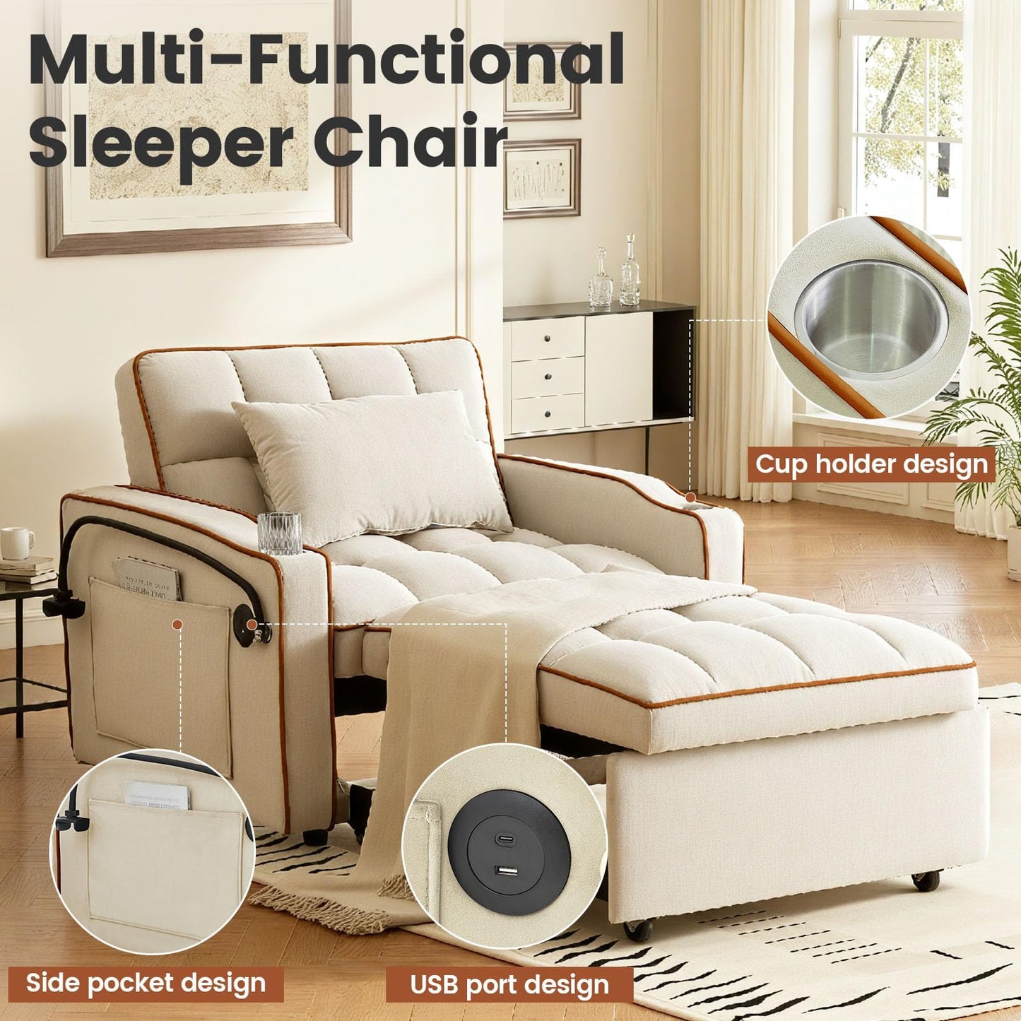 Trygoal Convertible Sleeper Chair, Chairs Bed Sleepers for Adults, Pull Out Chair Sleeper with Bracket and Cup Holder, 3 in 1 Sofa Bed Chairs for Small Spaces, Living Room, White