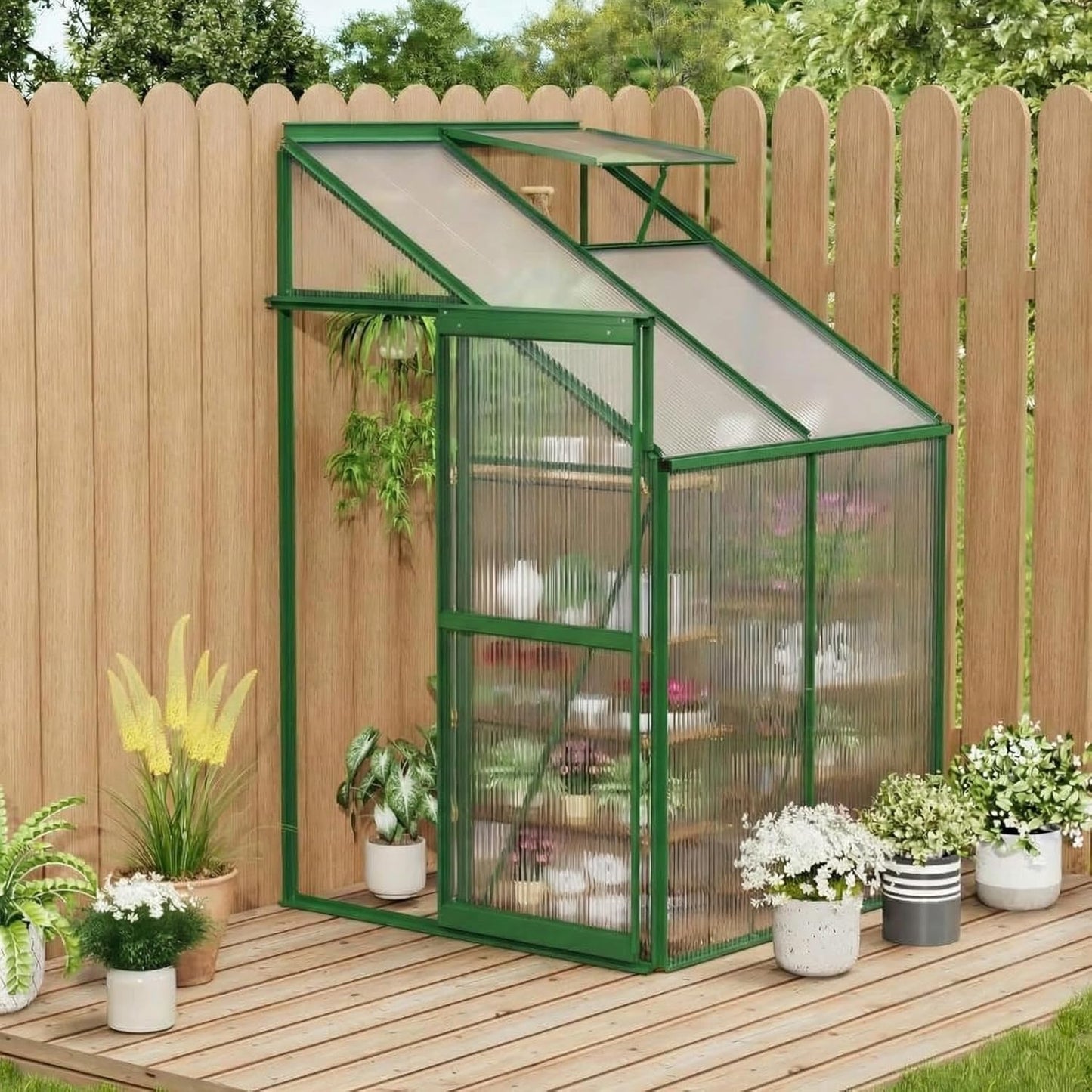 4x4 ft Lean-to Walk-in Polycarbonate Greenhouse,Greenhouse Kit,Lean-to Greenhouse for Outdoors,Portable Wall-Mounted Outdoor Green House with Sliding Door,Adjustable Roof Vent & Rain Gutter
