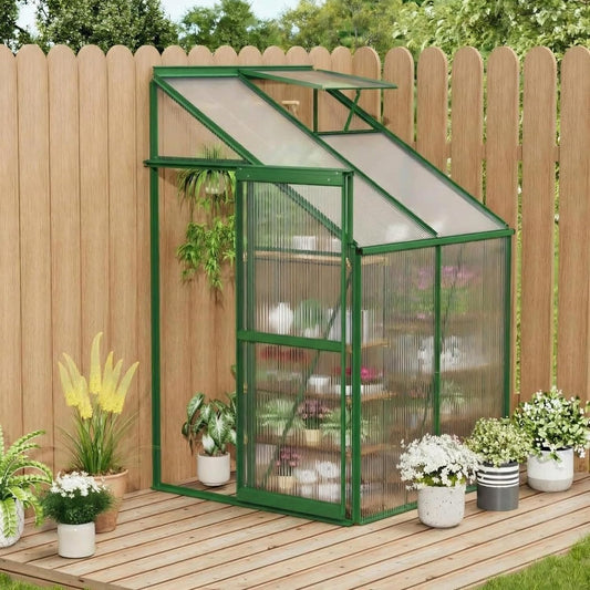 4x4 ft Lean-to Walk-in Polycarbonate Greenhouse,Greenhouse Kit,Lean-to Greenhouse for Outdoors,Portable Wall-Mounted Outdoor Green House with Sliding Door,Adjustable Roof Vent & Rain Gutter