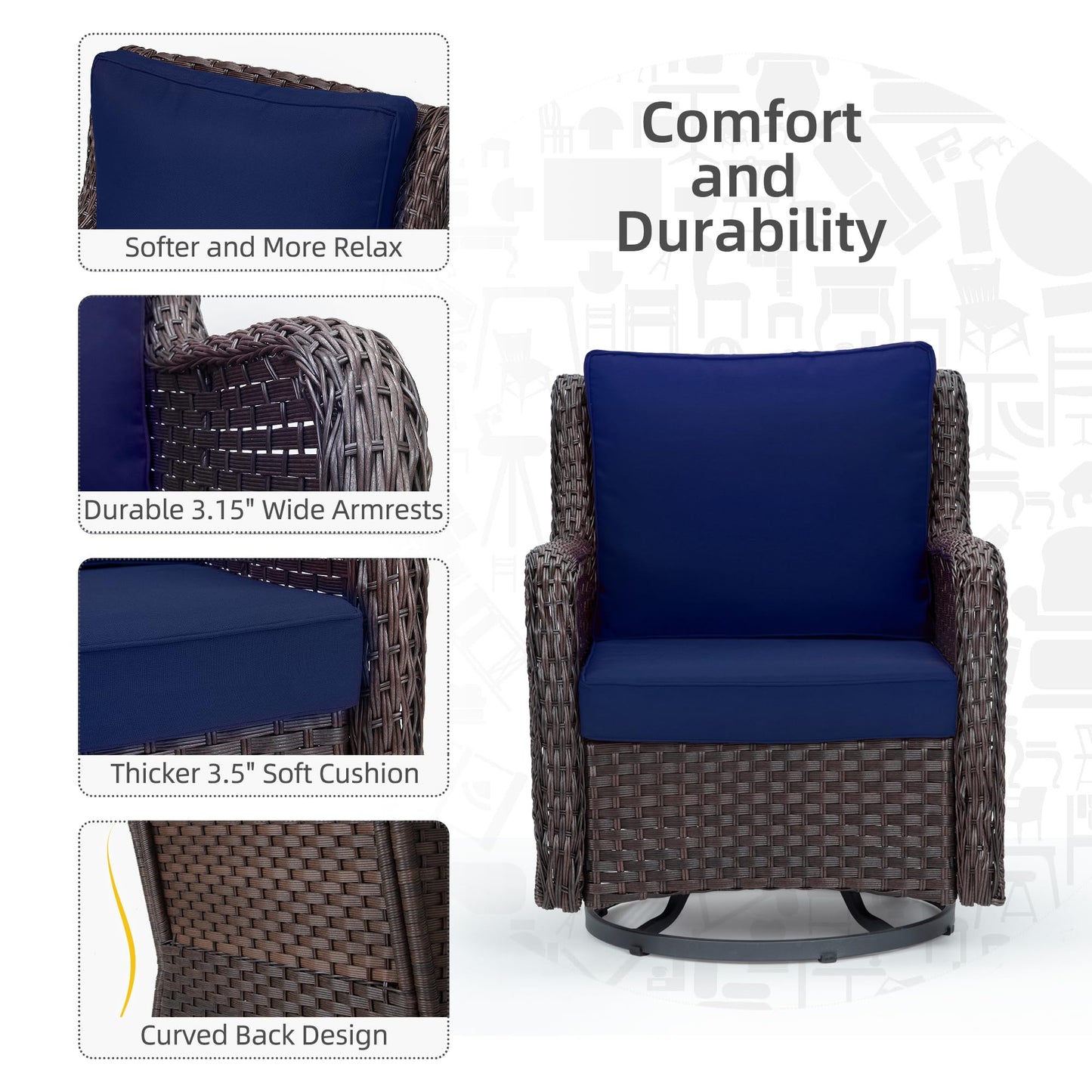 Towallmark Outdoor Swivel Wicker Glider Patio Chairs with Table Set, 3 Pieces Outdoor Bistro Set with 4”Thick Cushions and Coffee Table for Porch, Balcony, Deck (Blue)