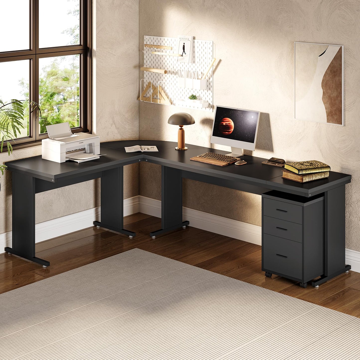 LITTLE TREE 82.67" Long Executive Desk Large L-Shaped Computer Office Desk with 3-Drawer Mobile File Cabinet, Industrial Business Furniture Desk Workstation for Home Office, Black