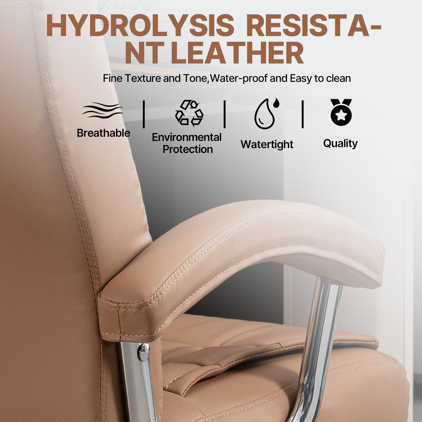 KEIKI Executive Office Chair High Back PU Leather Desk Chair with Spring Cushion, Ergonomic Swivel Computer Chair, Chrome Armrests, Adjustable Rolling Chair for Home Office, Camel