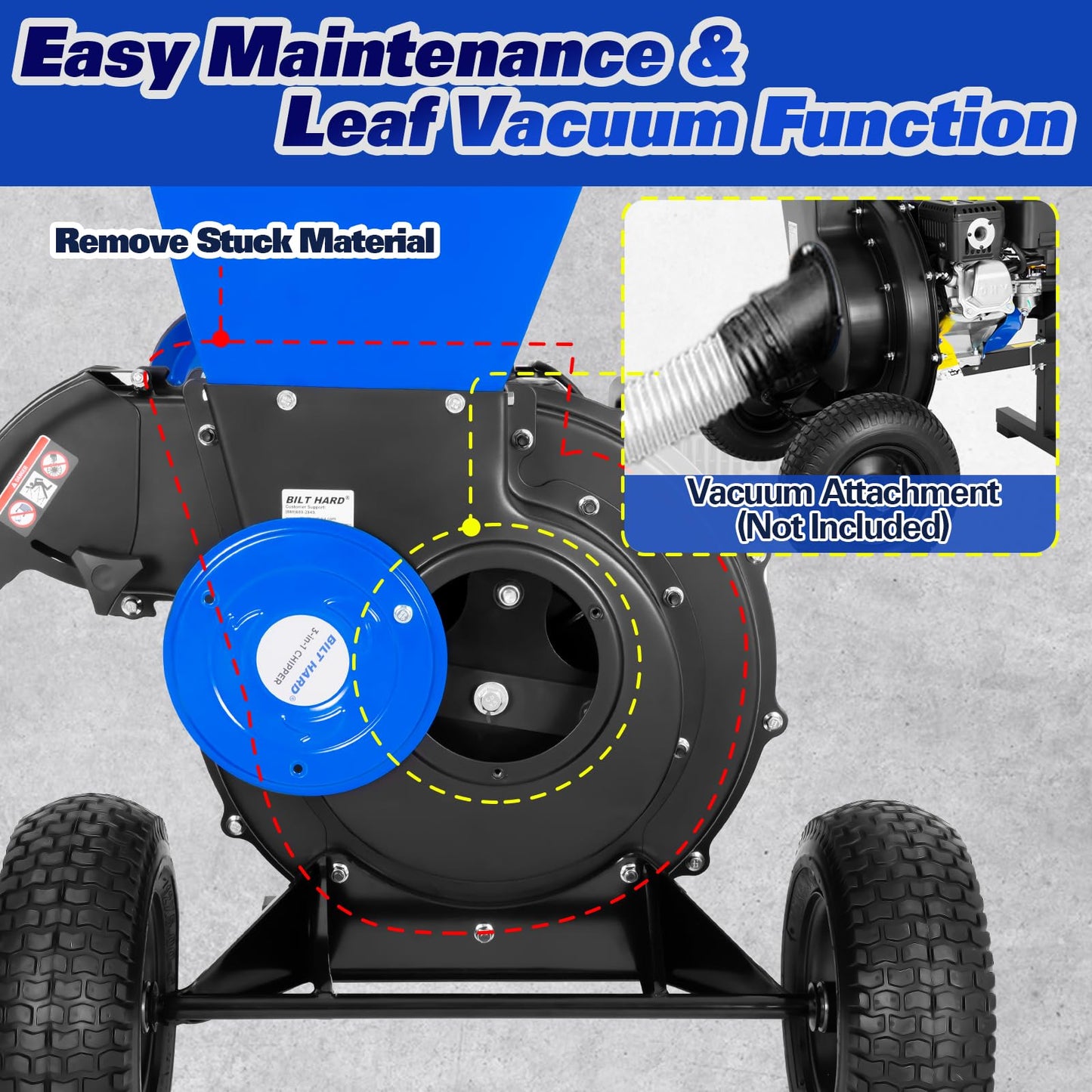 BILT HARD Wood Chipper with Tow Hitch - 7.5 HP 224cc Gas Powered Shredder Towable, 3 in 1 Multi-Function Heavy Duty, 3" Max Wood Diameter Capacity with Collection Bag