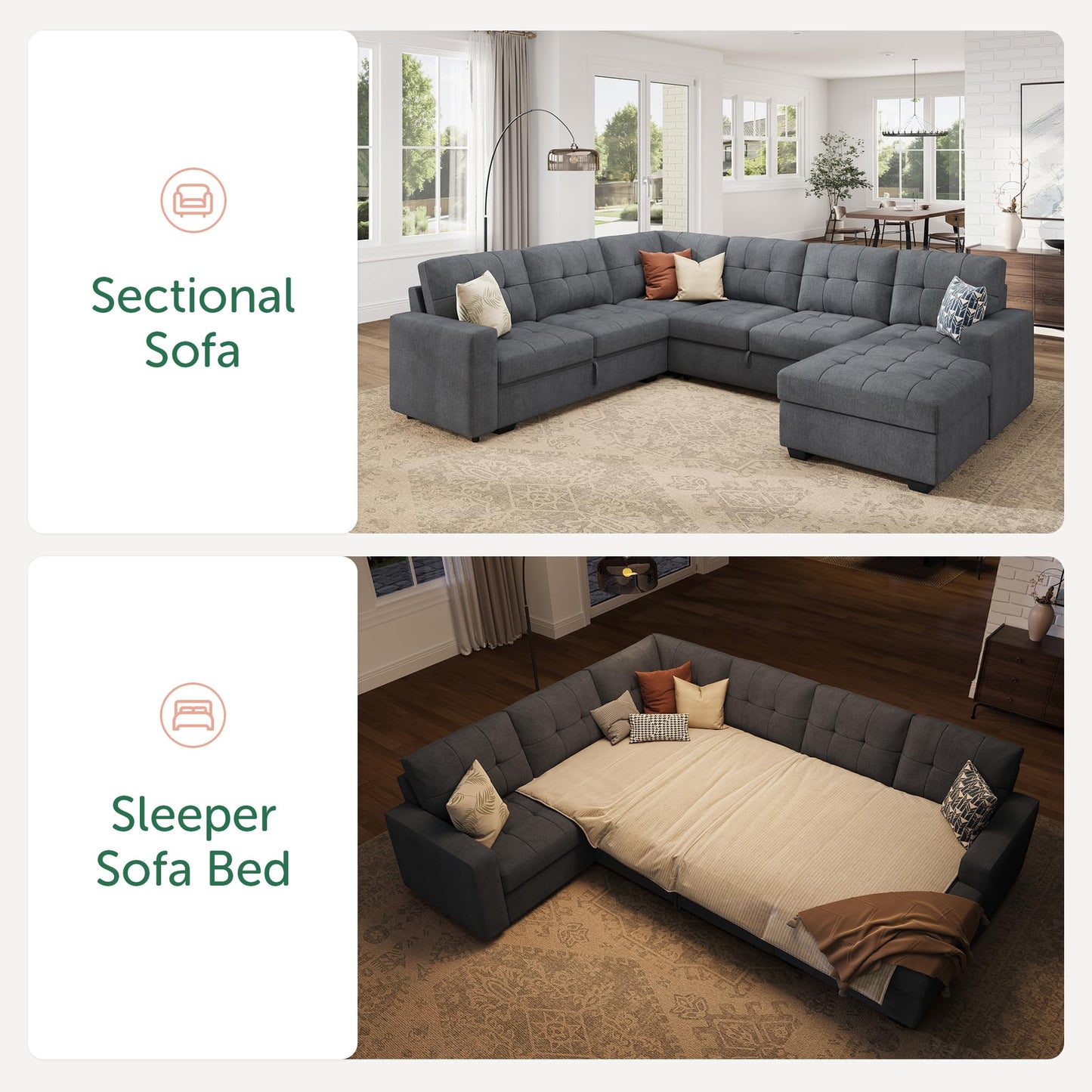 HONBAY Sectional Sleeper Sofa, Sleeper Sofa Couch with Storage Chaise, Sectional Couch with Pullout Bed for Living Room, Bluish Grey