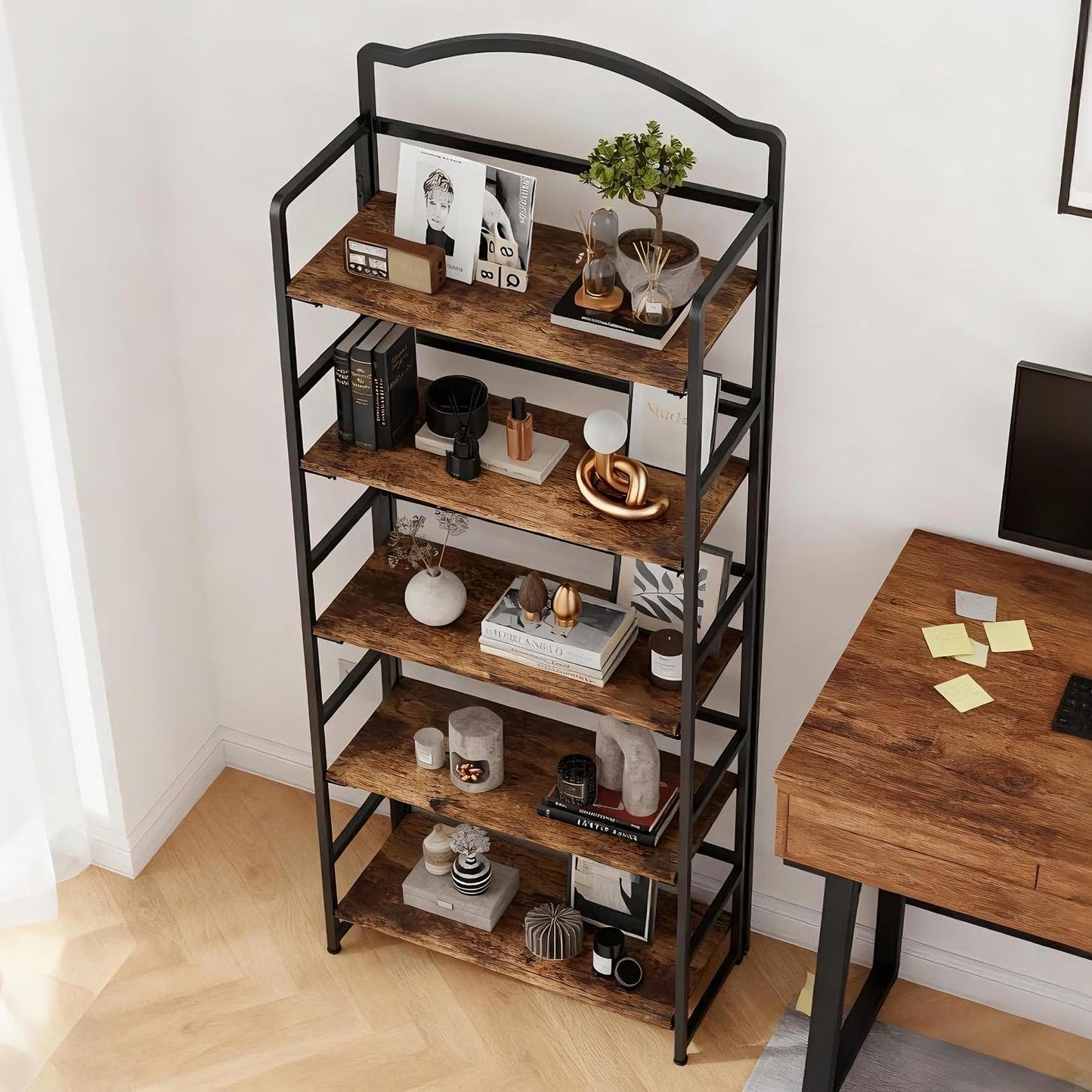 JSB 5 Tier No Assembly Folding Bookshelf, Arched Bookshelf, Foldable Bookcase for Living Room, Bedroom, Office,Skinny Bookshelf (Fire Brown)