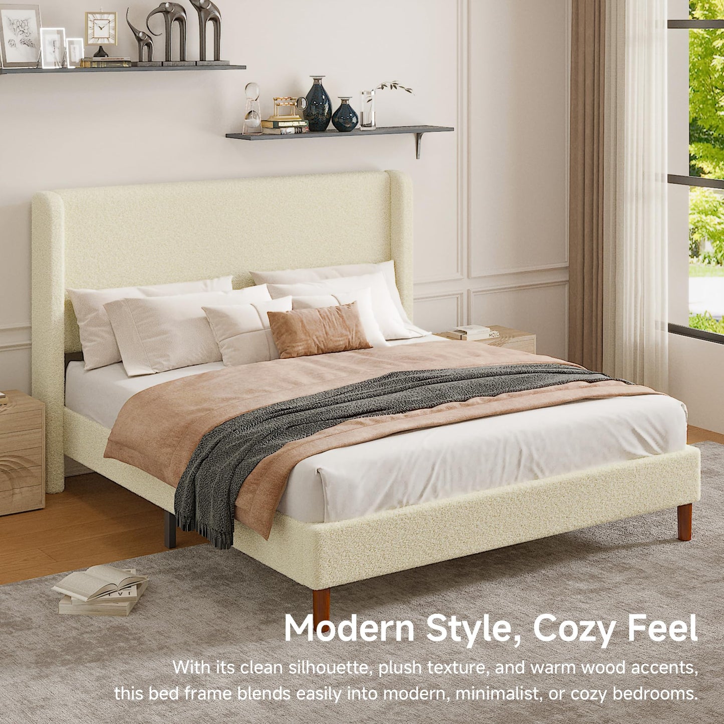 Lcwtvgxr Queen Boucle Upholstered Platform Bed Frame, Beige
