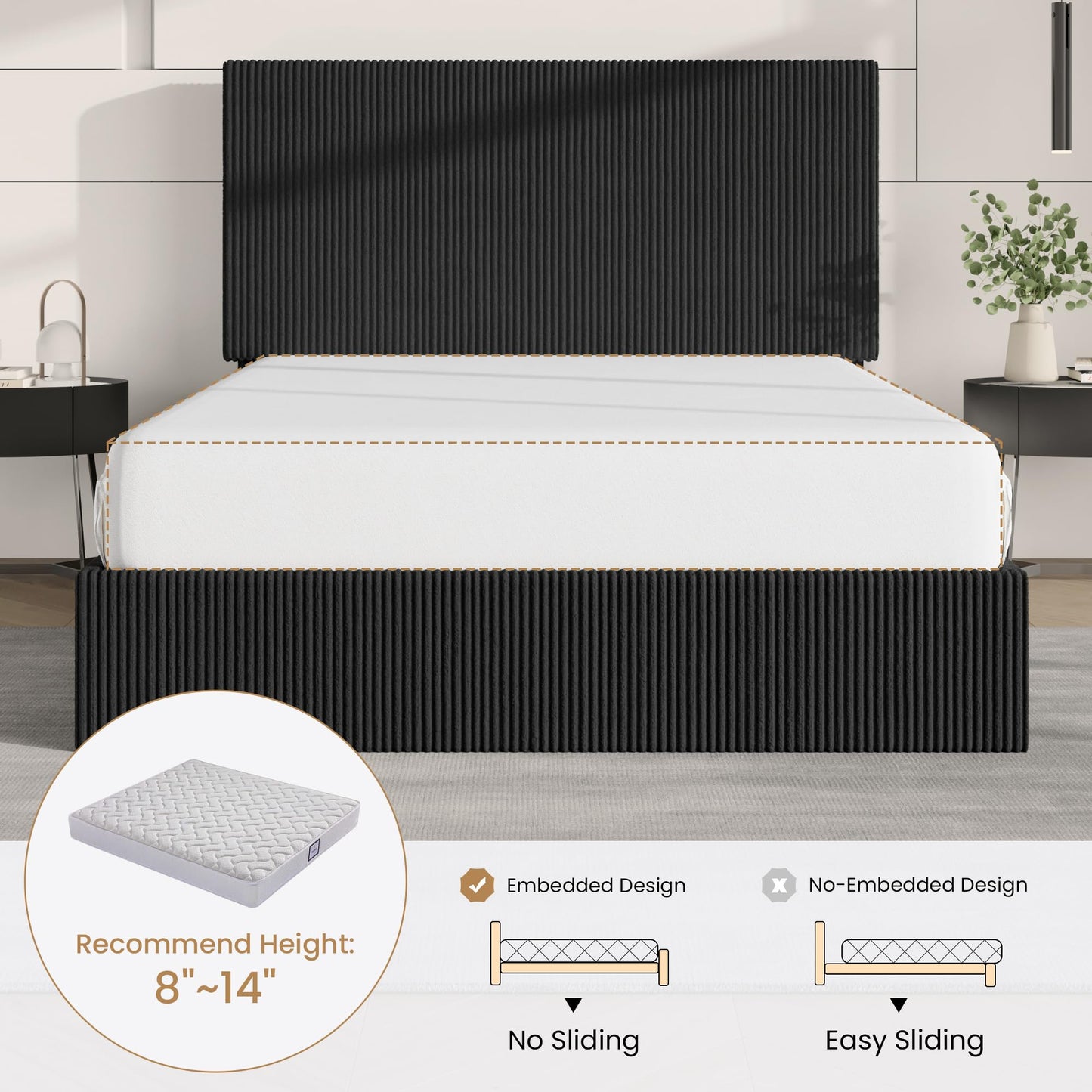 SHA CERLIN Queen Bed Frame, Corduroy Upholstered Platform Bed, Adjustable Vertical Channel Tufted Headboard, Modern Low Profile Frame, No Box Spring Needed, Easy Assembly, Black