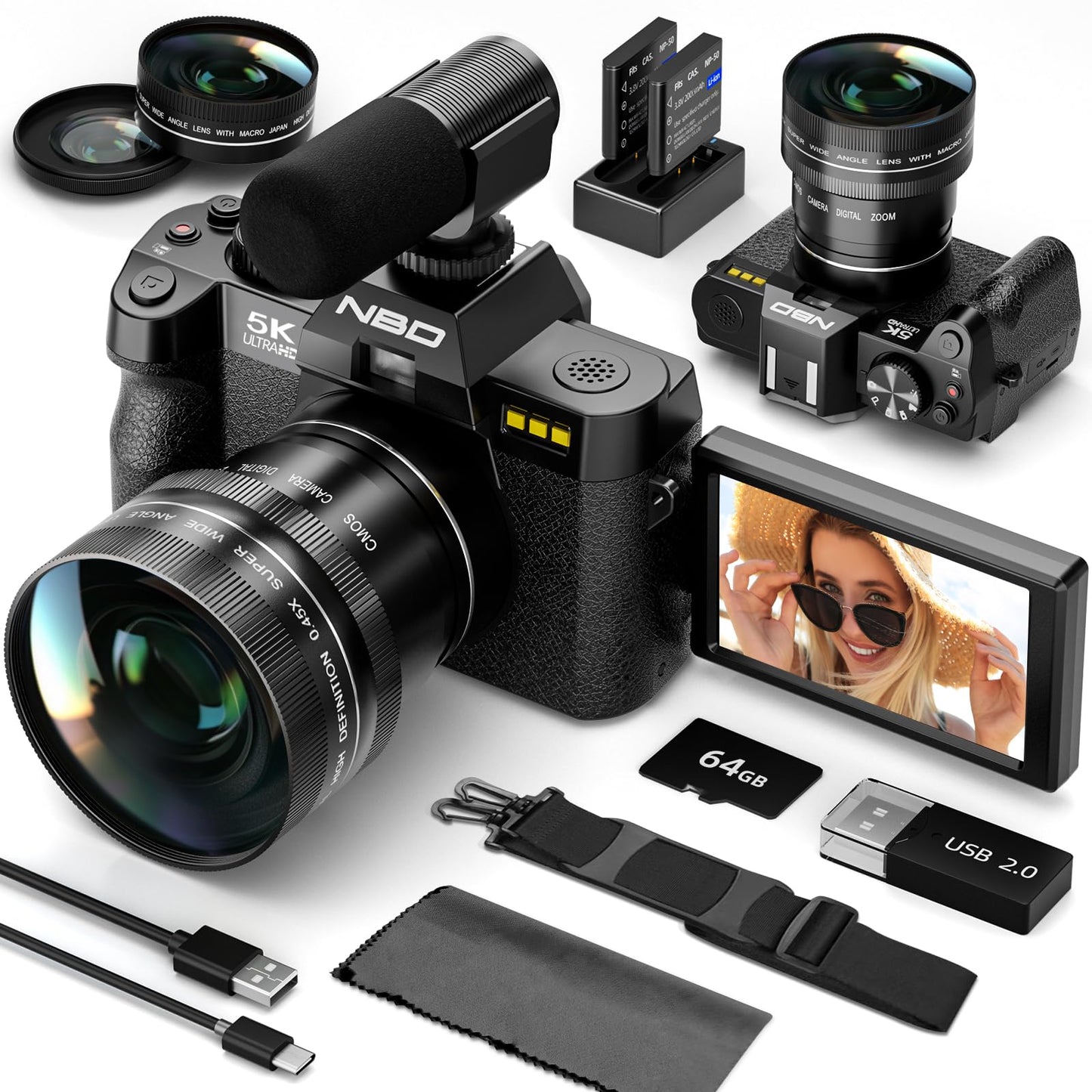 NBD 5K Digital Cameras for Photography - 16X Zoom Travel Camera with 180° Flip Screen, 64MP Vlogging Cameras Fotograficas for YouTube, 2 Batteries & 64GB TF Card,Auto Focus, Macro Lens (Black)