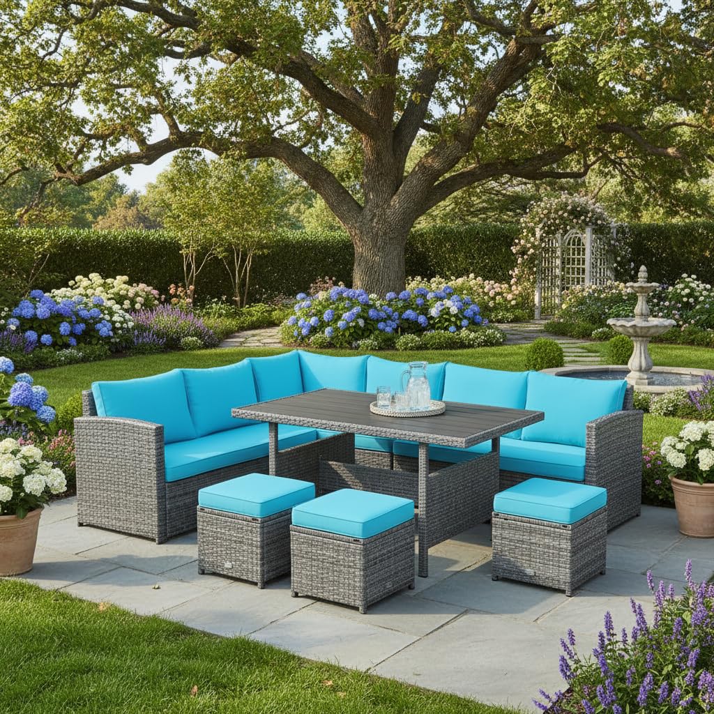 Tangkula 7 Pieces Patio Furniture Set, Outdoor Sectional Rattan Dining Sofa Set with Cushions, All Weather Wicker Conversation Couch Set with Dining Table & Ottomans for Yard Garden Poolside