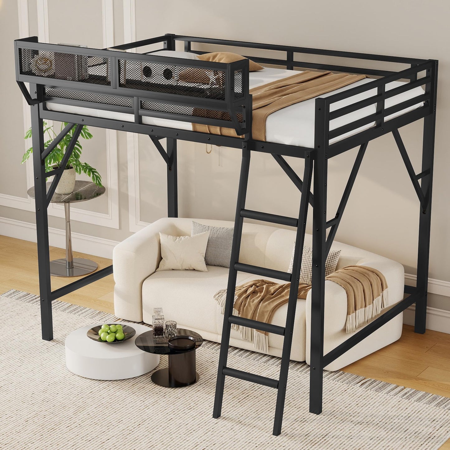 KEIKI Queen Size Metal Loft Bed Frame with Ladder and Built-in Storage Shelves, for Teens, Modern Style Loft Bed with Solid Slats, Guardrail, No Box Spring Required, Easy Assembly, for Bedroom, Black