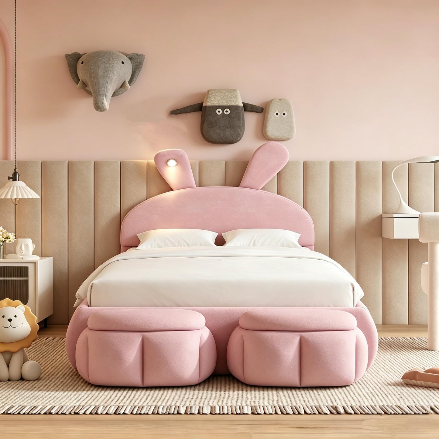 Merax Full Size Upholstered Platform Bed, with 2 Storage Stools, Cute Cartoon Ears Shaped Headboard, with a LED Light, Pink