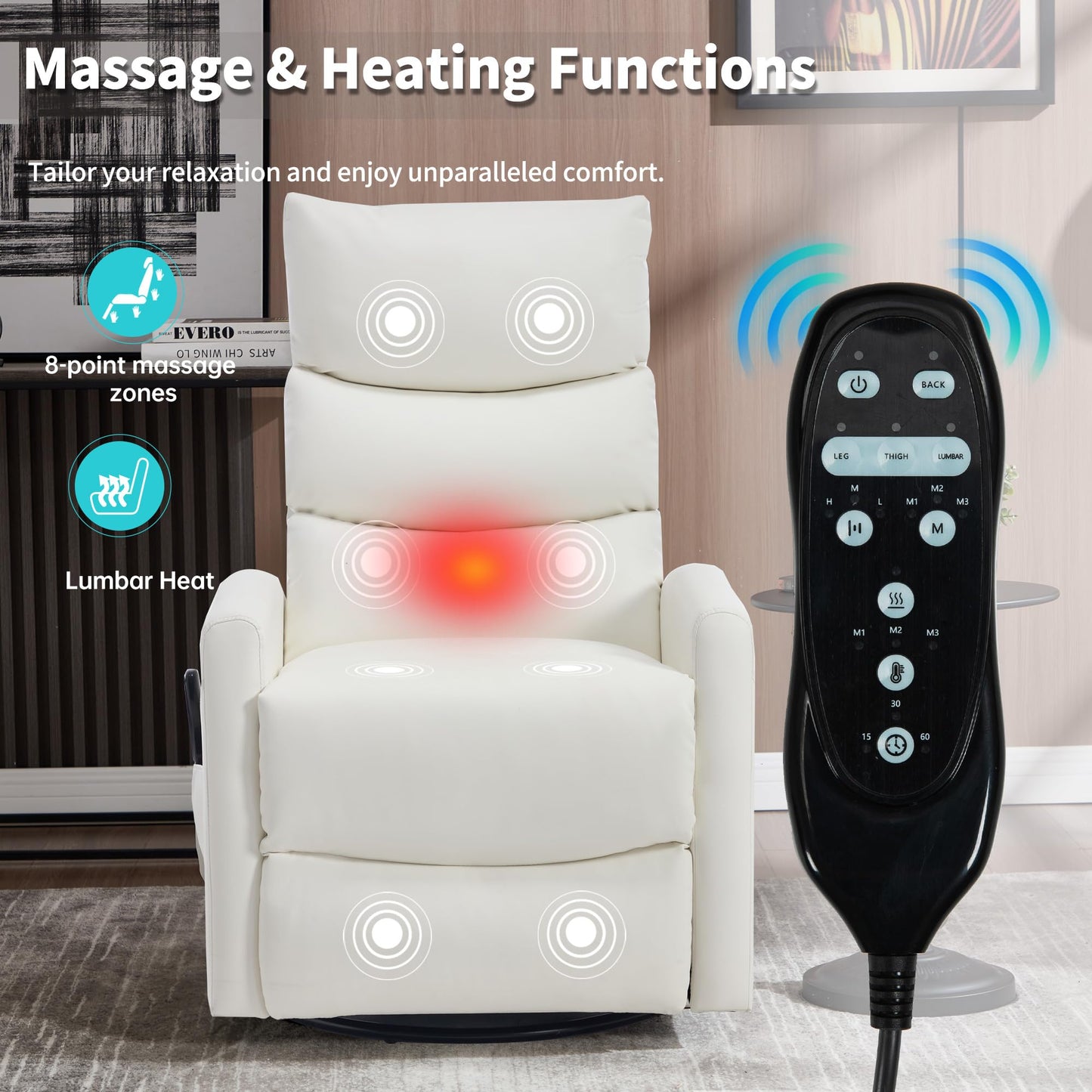 KEIKI 4-in-1 Manual Swivel Rocker Recliner Chair for Home Living Room, Faux Leather Chair with Back Massager & Heat, Home Theater Seating with Lumbar Support, Cozy Reading Chairs for Adults, White