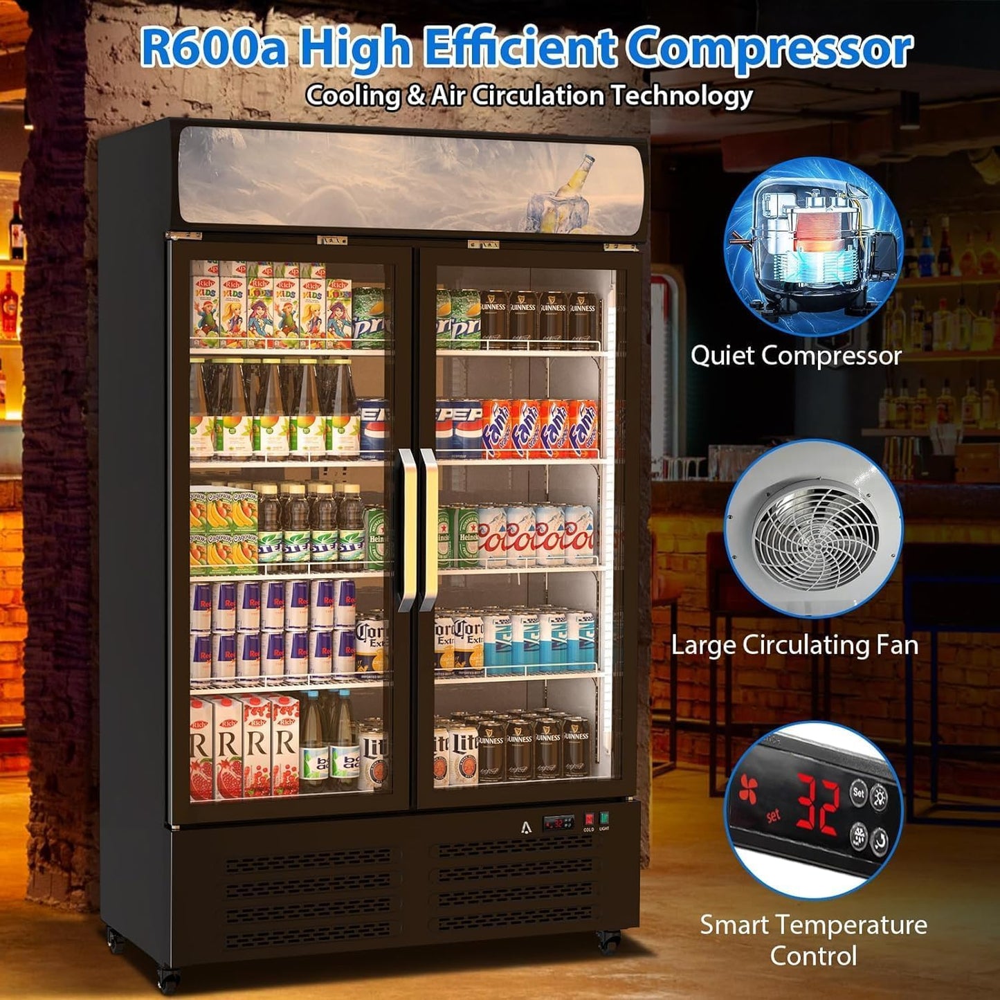IDEALHOUSE Commercial Refrigerator, Commercial Merchandiser 26.8 Cu Ft Refrigerator, Refrigerator with 2 Glass Door and LED Light, Large Business Cooler for Home Restaurant Grocery Stores
