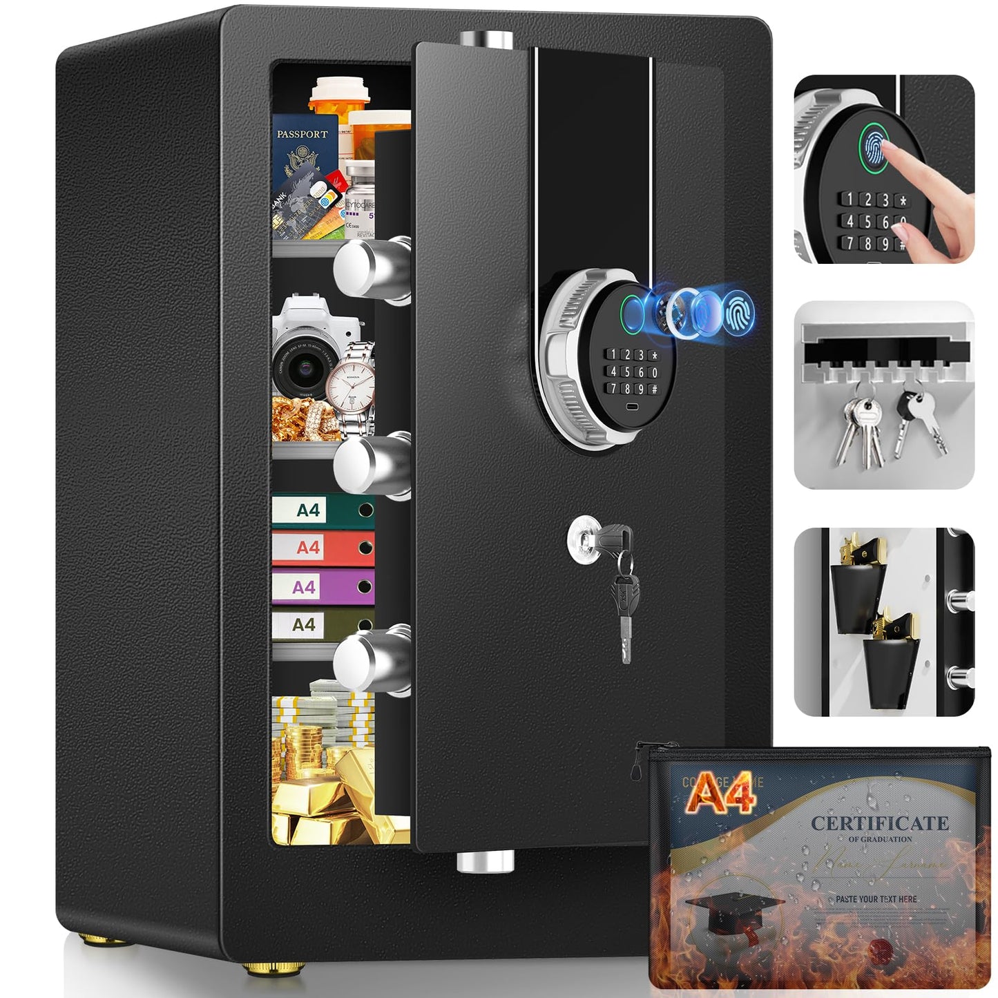 𝟐𝟑.𝟔𝟐" 𝐓𝐚𝐥𝐥 Large Biometric Safe Box, Home Safes Water Fireproof, Duty Document Safe with Bottom Hidden Compartment, Anti-Theft Dual Alerts, Mute Mode, Digital Security for Home and Business