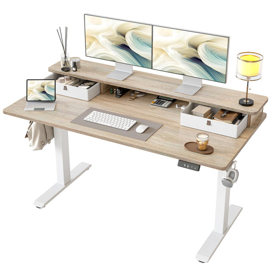 TIQLAB Standing Desk with Two Drawers, Stand Up Standing Desk Adjustable Height, Electric Sit Stand Table with Storage Shelf and Splice Board, 55 * 24 inch, Maple