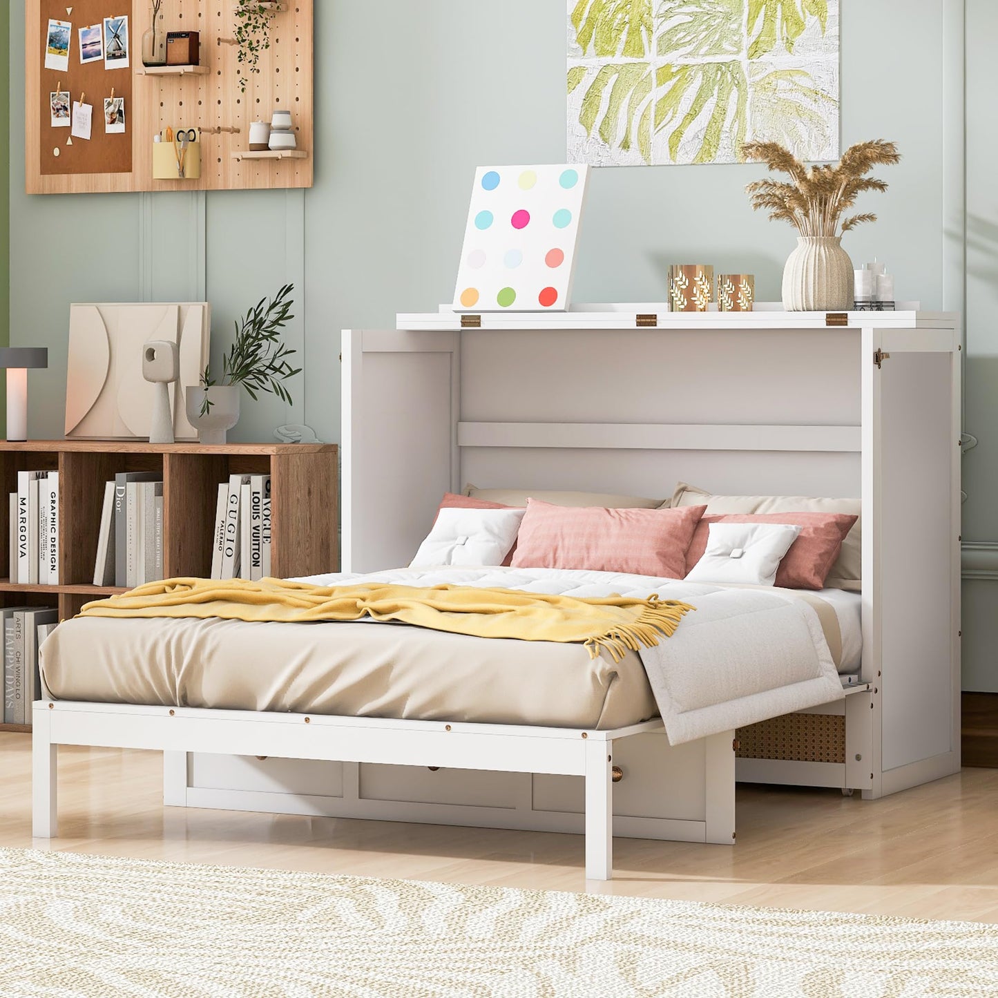 Merax Farmhouse Wood Murphy Bed Chest, Foldable Wall Platform Bed with Storage Drawer/Space Saving/Wood Slat Support/Full, White +Natural