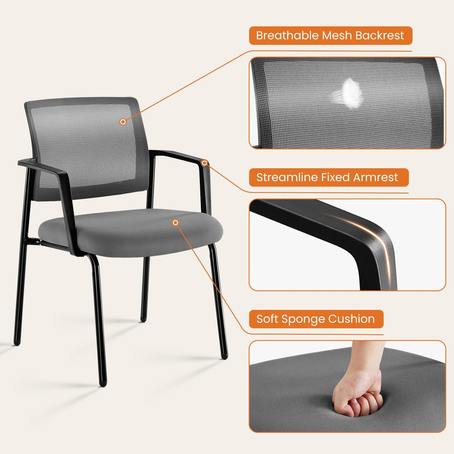 Sweetcrispy Stackable Mesh Guest Visitor Reception Chairs - Ergonomic Lumbar Support for Waiting Conference Meeting Room, Office School Lobby and Church, Space Saving, 4 Pack, Grey
