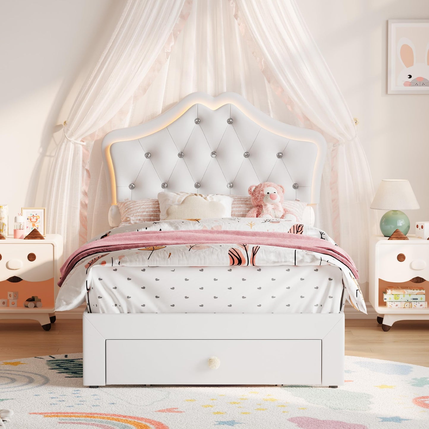 BouPower Twin Size Bed Frame for Girls with Storage Drawers & LED Lights, Upholstered Platform Bed, Velvet Crystal Button Princess Bed, Noise-Free Slats, No Box Spring Needed for Kids, Teens, White