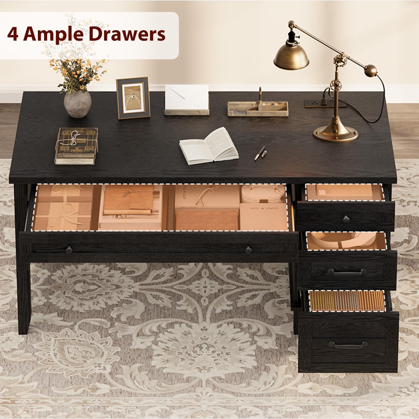 IDEALHOUSE 53.5" Farmhouse Computer Desk with Charging Station, Rustic Black Home Office Executive Desk, Wooden Workstation with File Cabinet Storage Drawers for Writing & Study, Rustic Black