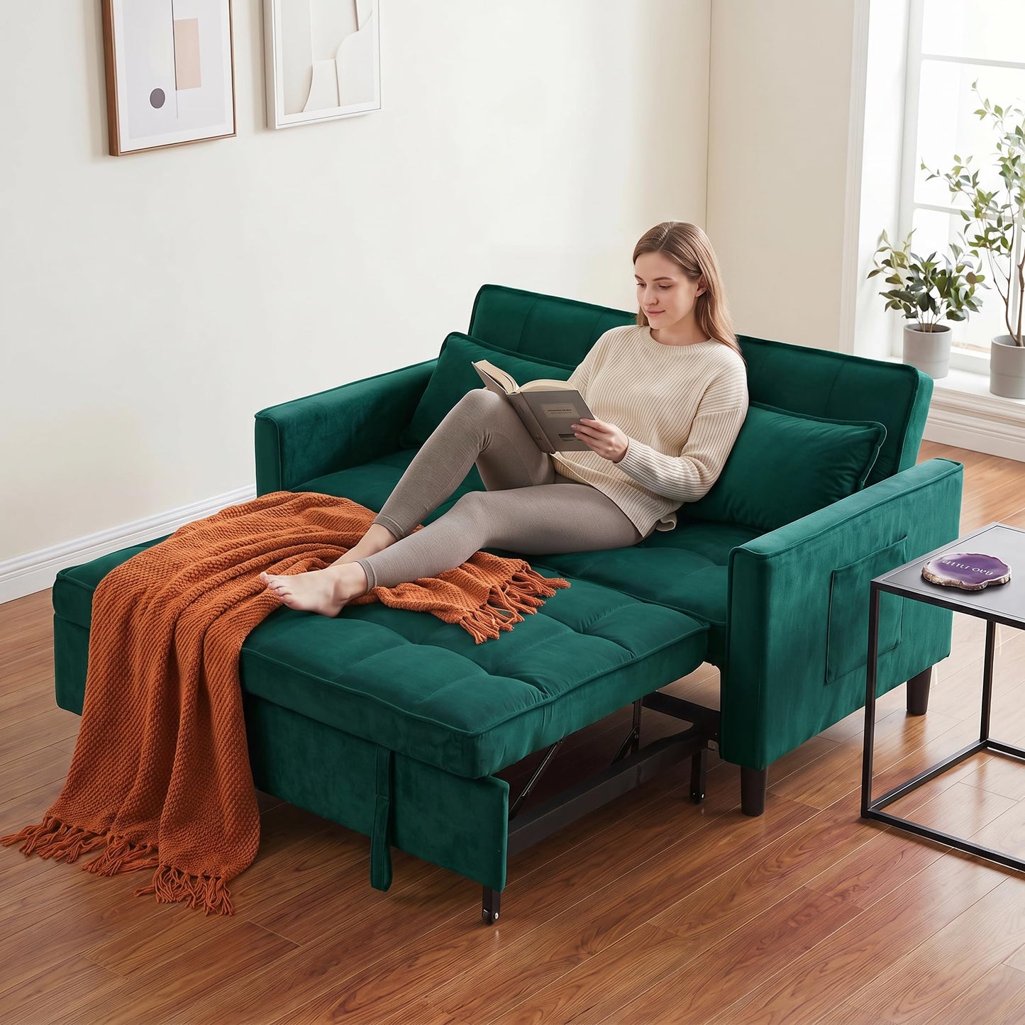 NicBex Convertible Sofa Bed, 3 in 1 Velvet Fabric Loveseat Sleeper Sofa Bed, Pull Out Couch with Adjustable Backrest & Side Pockets for Small Spaces, Living Room & Bedroom, Dark Green
