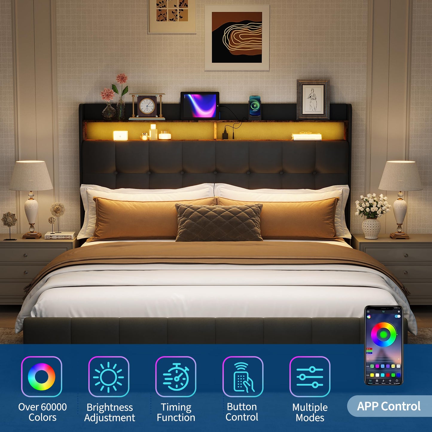 Full Size Upholstered Bed Frame with LED Headboard, 2 Storage Drawers, Charging Socket and USB Port, Soft Fuzzy Soft, Noise-Free Metal Platform for Bedroom, No Box Spring Needed, Natural Wood Shelf
