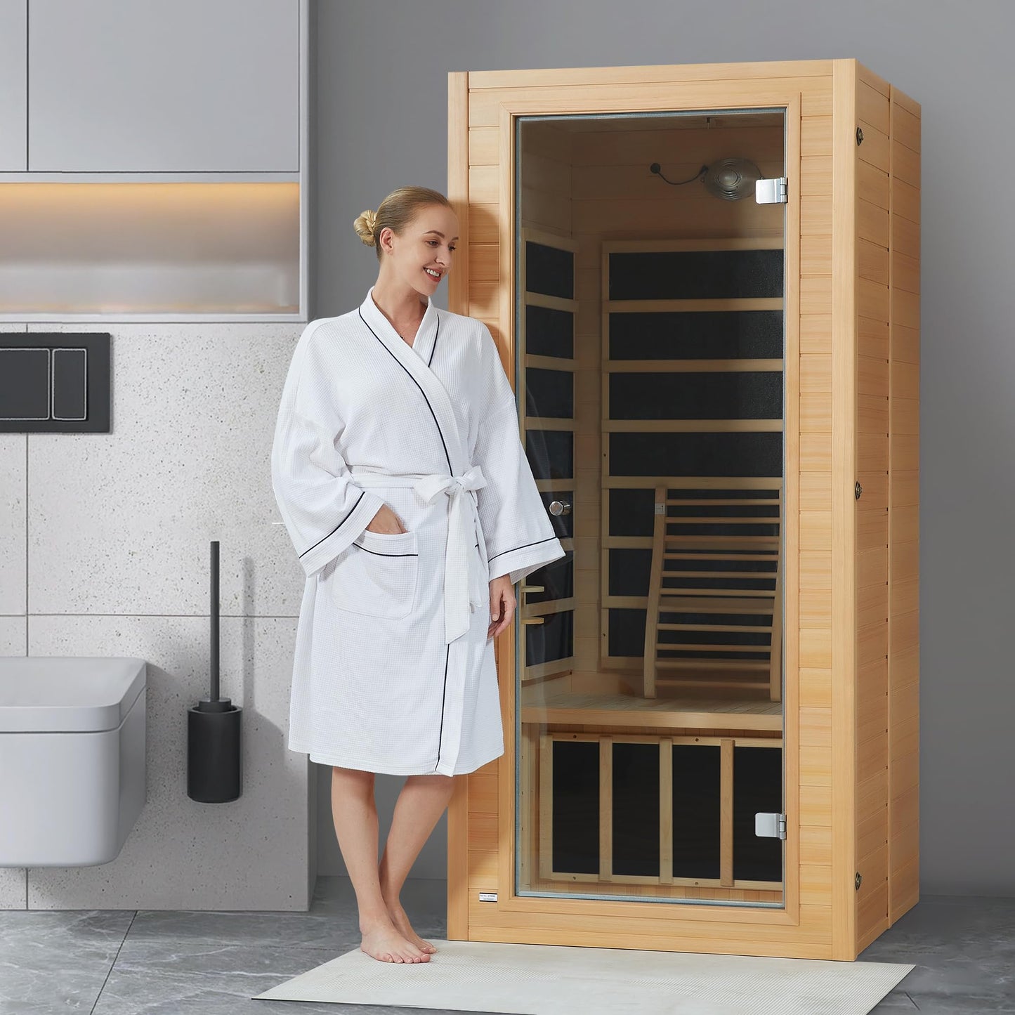 Real Relax 1 Person Infrared Sauna, Indoor Near Zero EMF Canadian Hemlock Wood Sauna with 1400W, 9 Chromo Therapy Lights, Oxygen Lonizer, Bluetooth, LCD Control Pannel for Home Spa Days