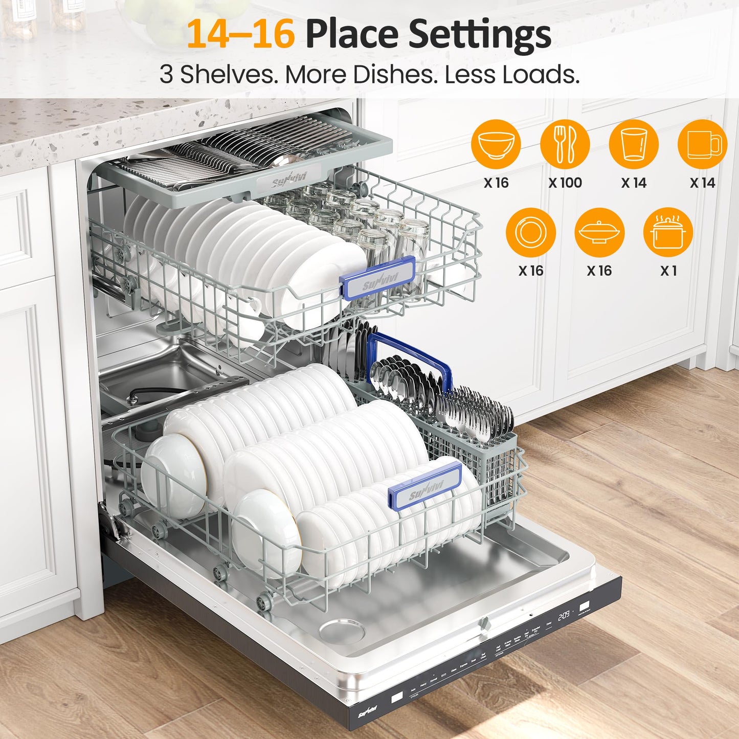 Sunvivi Built-in Dishwasher 24", 14-16 Place Settings Large Capacity Dish Washer, Stainless Steel Dishwasher Machine with Adjustable Racks, 8 Wash Programs, Energy Star Certified, Sliver