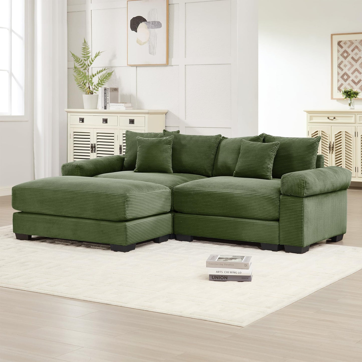 KEIKI 83" L-Shaped Oversized Corduroy Modular Sectional Loveseat Sofa with 1 Ottoman, High-Density Foam Cushion, Extra-Thick Armrest, 2-Seater Fluffy Corner Couch with 6 Pillow, for Living Room, Green